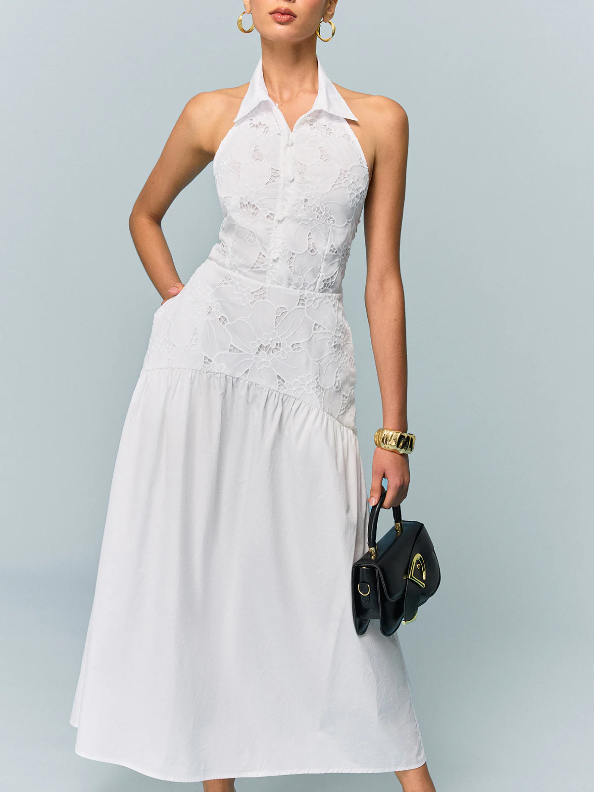 Pocketed Halter Neck Embroidered Dress with Non-Belted - Wholesalesil