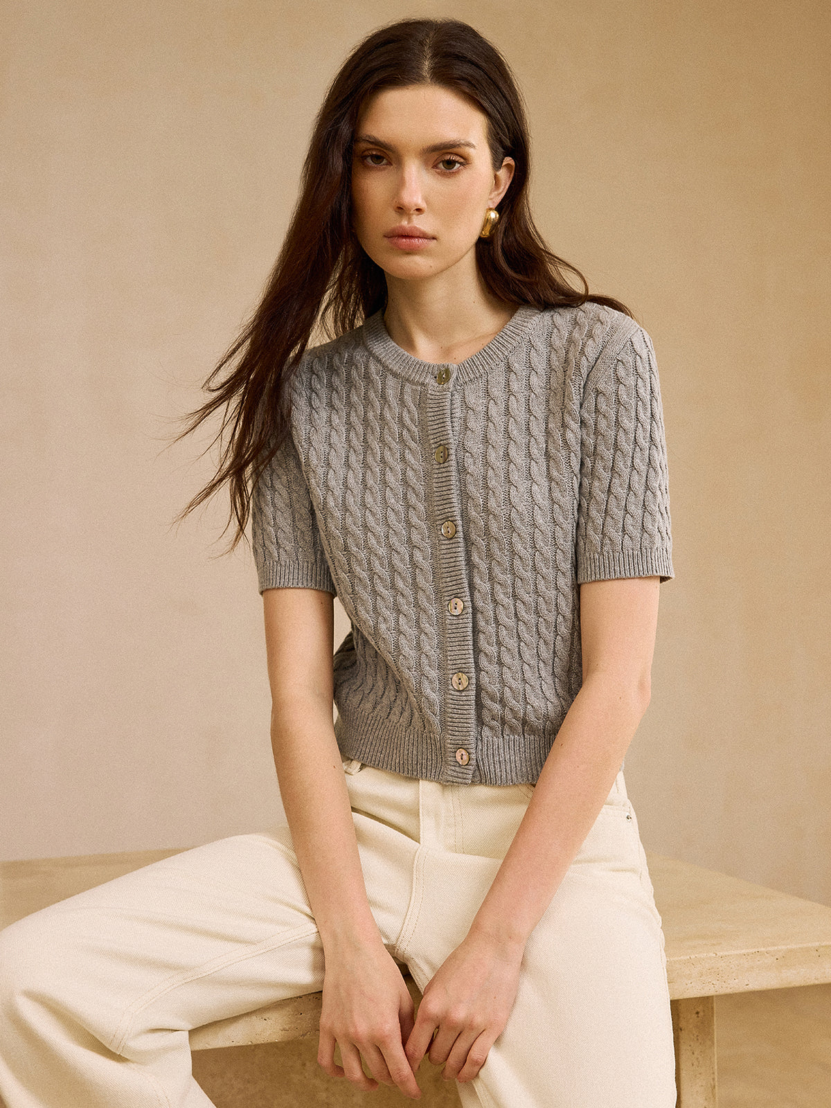 Cable Knit Short-Sleeve Cardigan - Wholesalesil