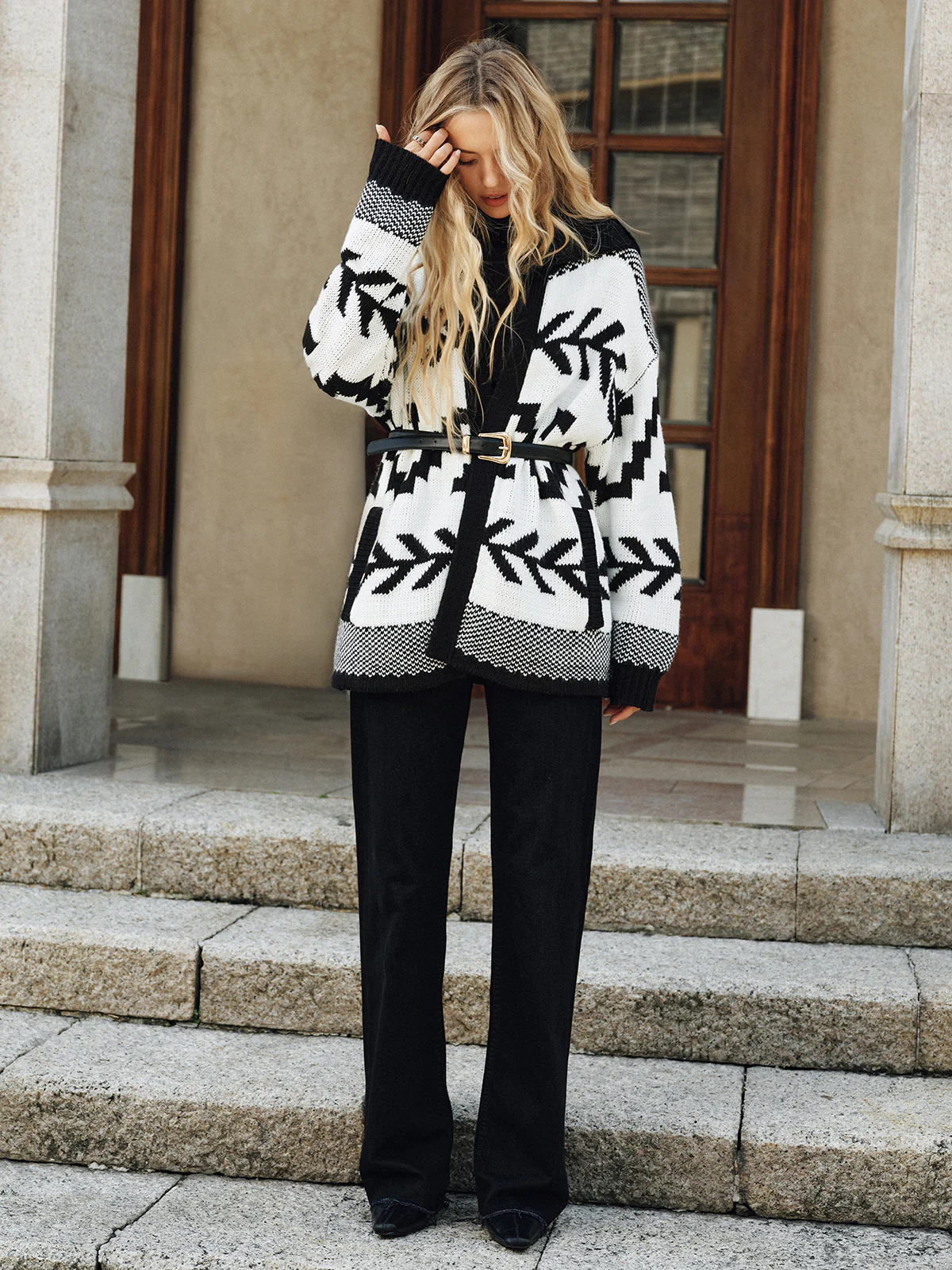 Geometric Pattern Collared Knit Cardigan without Belt - Wholesalesil