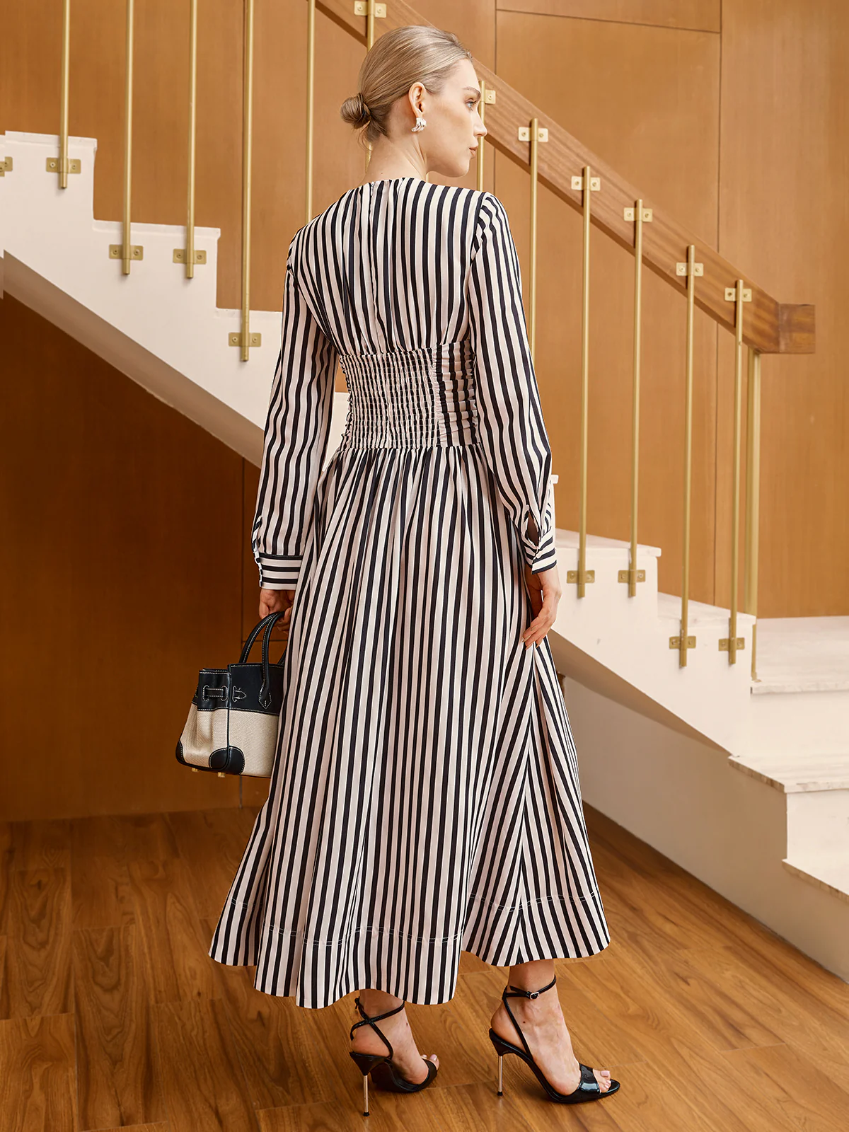 Striped Ruched Long Sleeve Maxi Dress - Wholesalesil