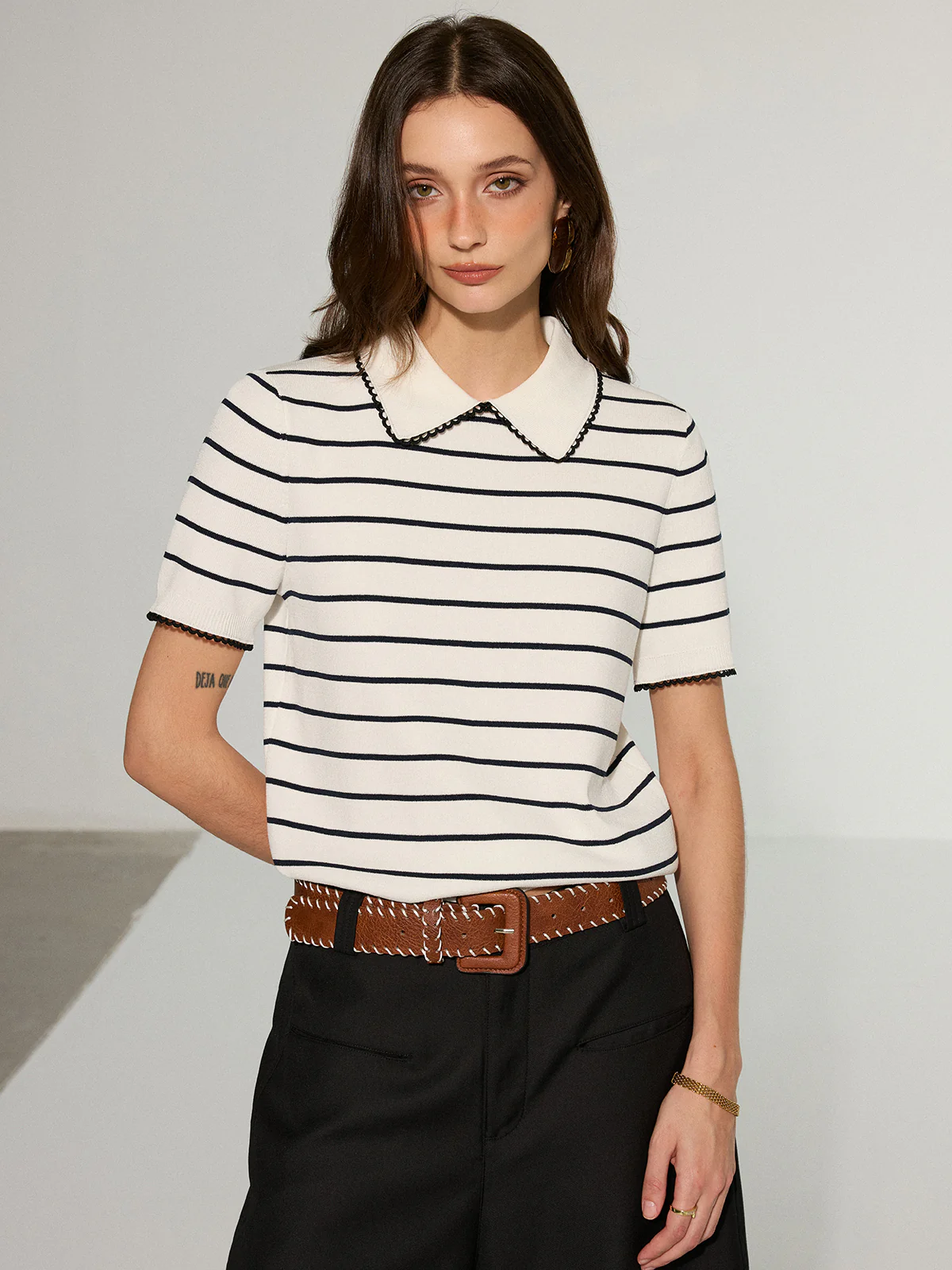 Contrast Wave Trim Striped Polo Knit Top - Wholesalesil