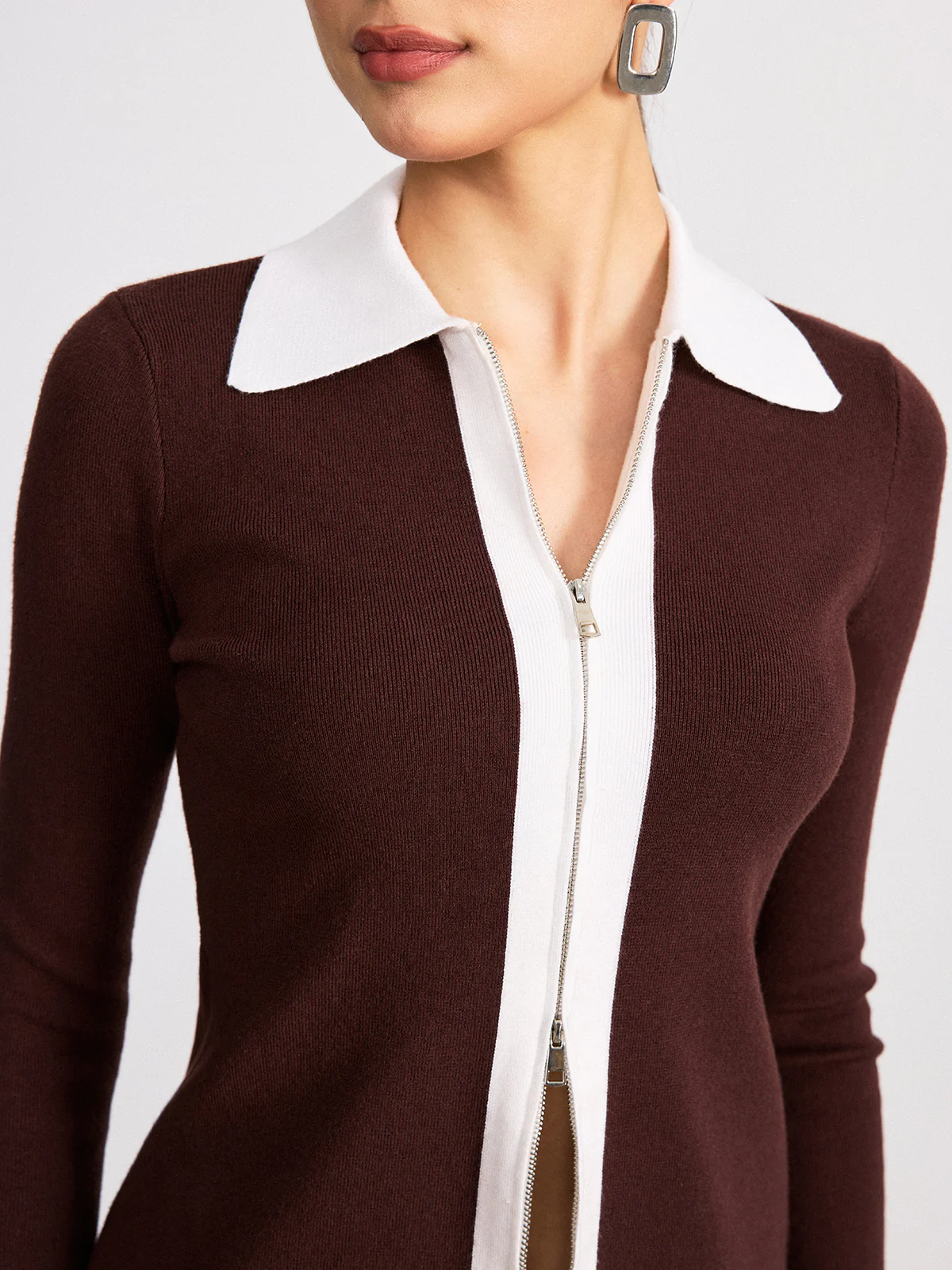 Contrast Collar Wool Blend Zip-Up Cardigan - Wholesalesil