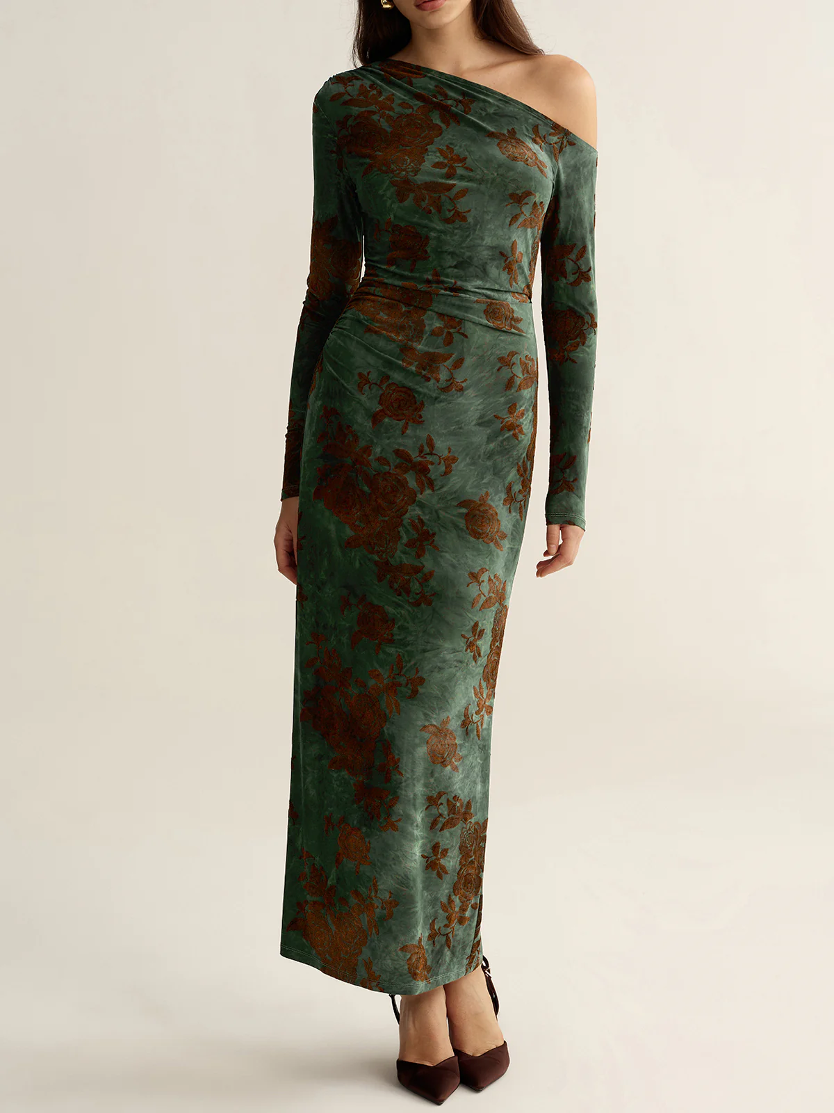 Floral Jacquard One-Shoulder Maxi Dress - Wholesalesil