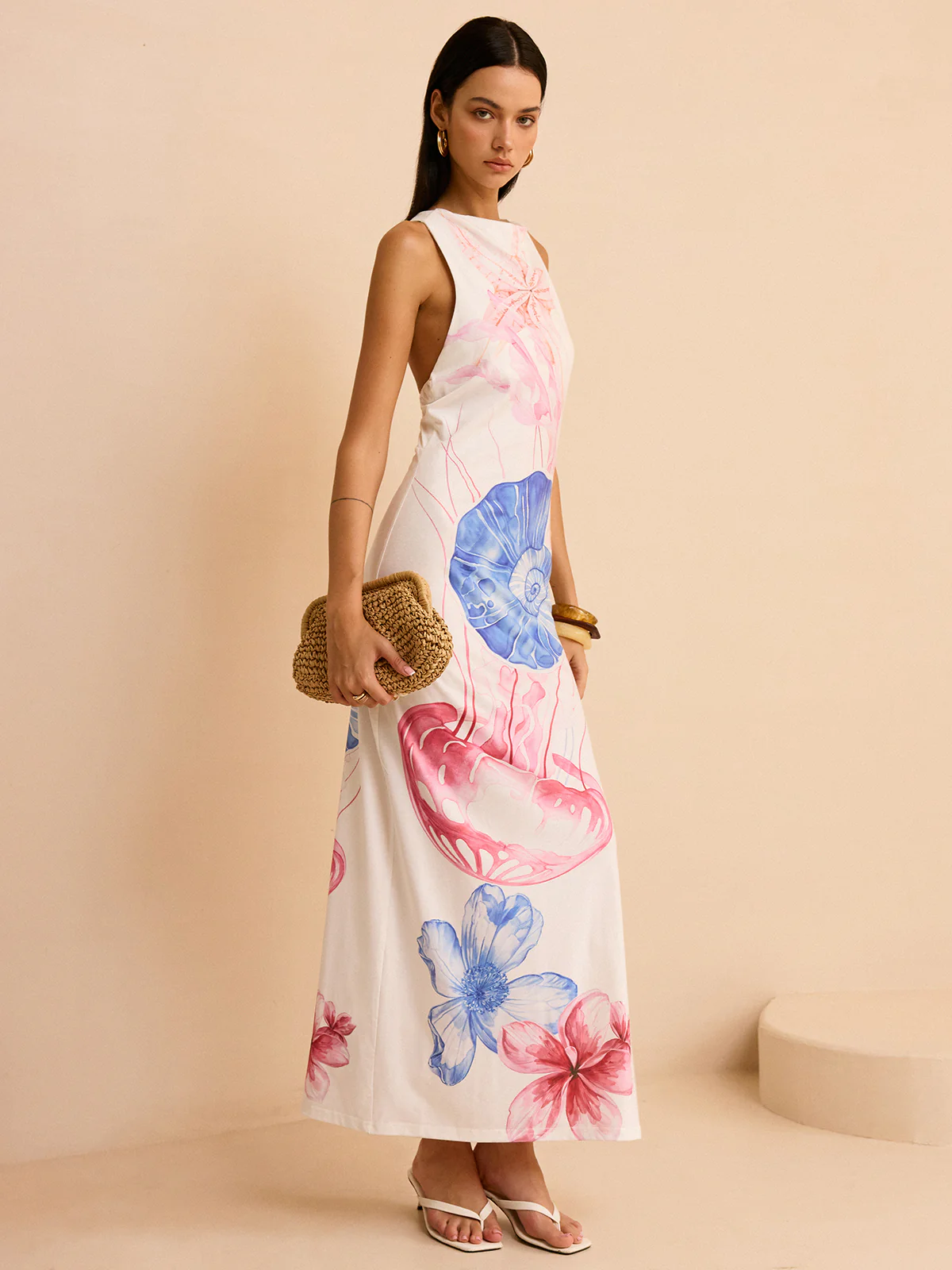 Semi-Sheer Ocean Print Maxi Dress with Slit - Wholesalesil