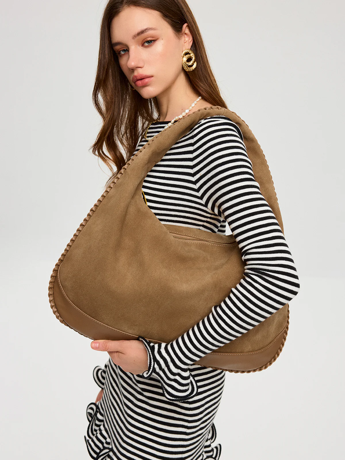 Braided Trim Suede Hobo Bag - Wholesalesil