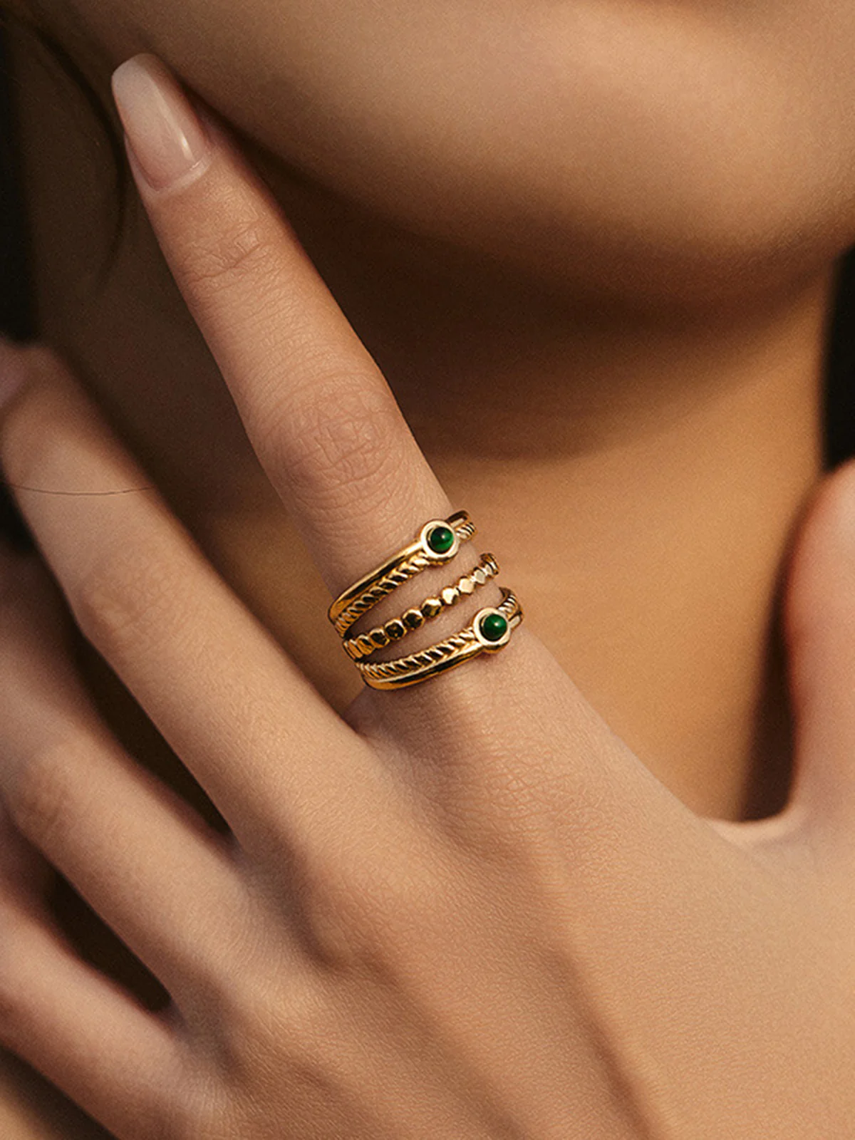 Emerald Accent Multi-Band Golden Ring - Wholesalesil