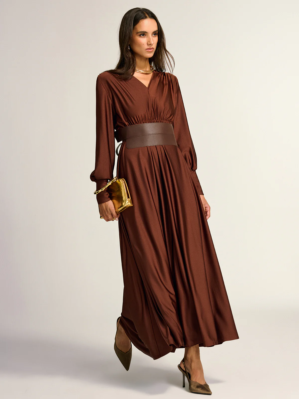 Wide Belted Long Sleeve V-Neck Maxi Dress - Wholesalesil