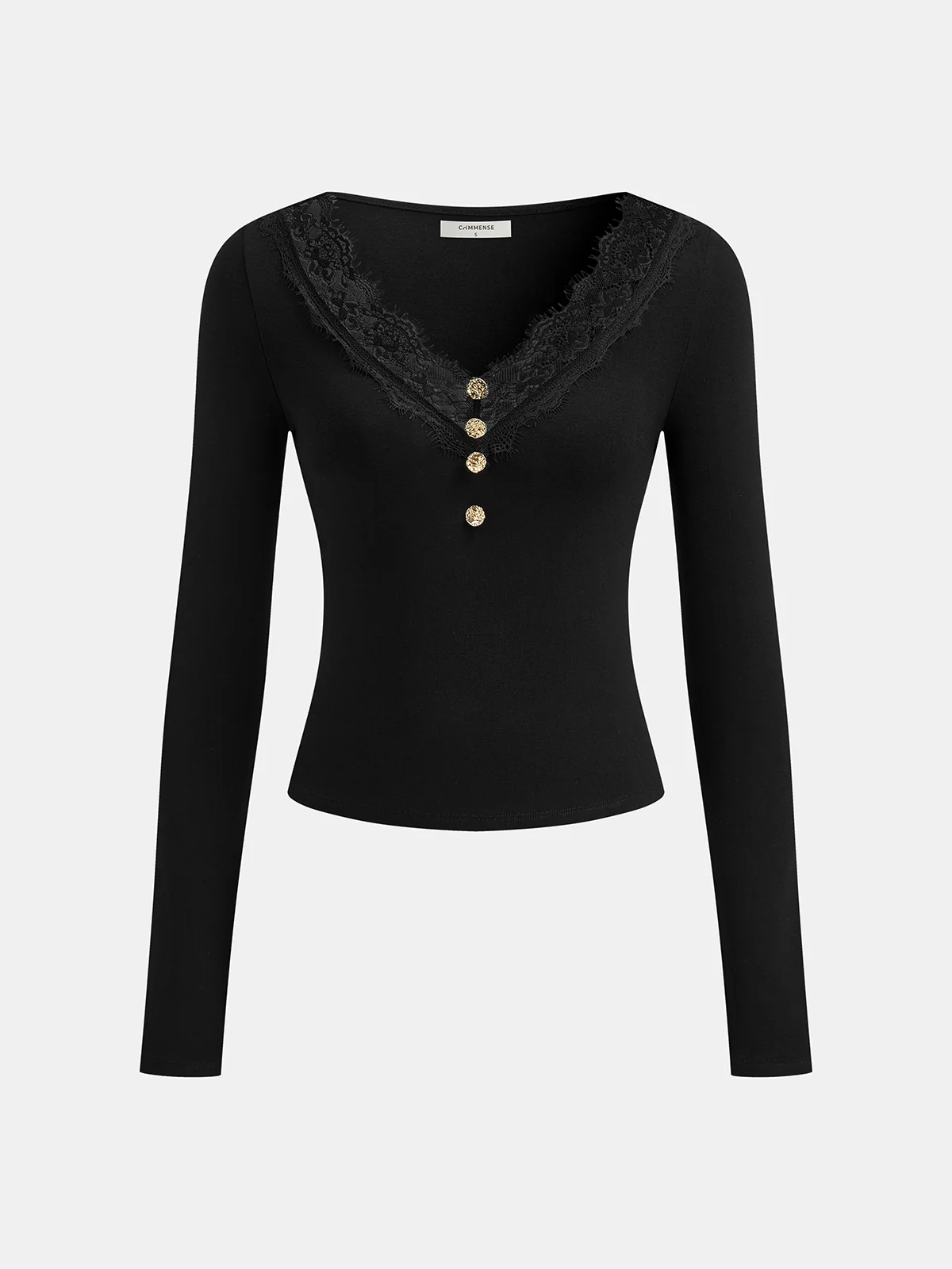 Lace Trim V-Neck Long-Sleeve Top - Wholesalesil