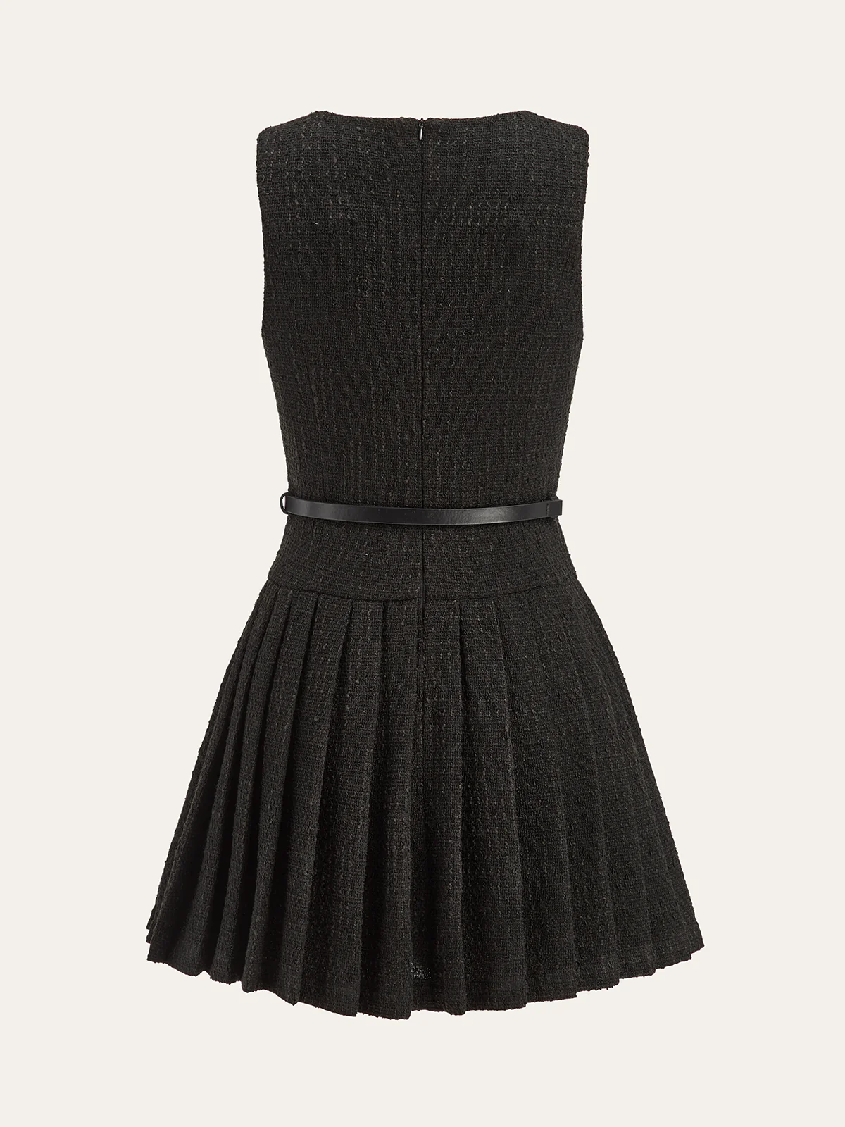 Tweed Sleeveless Pleated Mini Dress with Belt - Wholesalesil