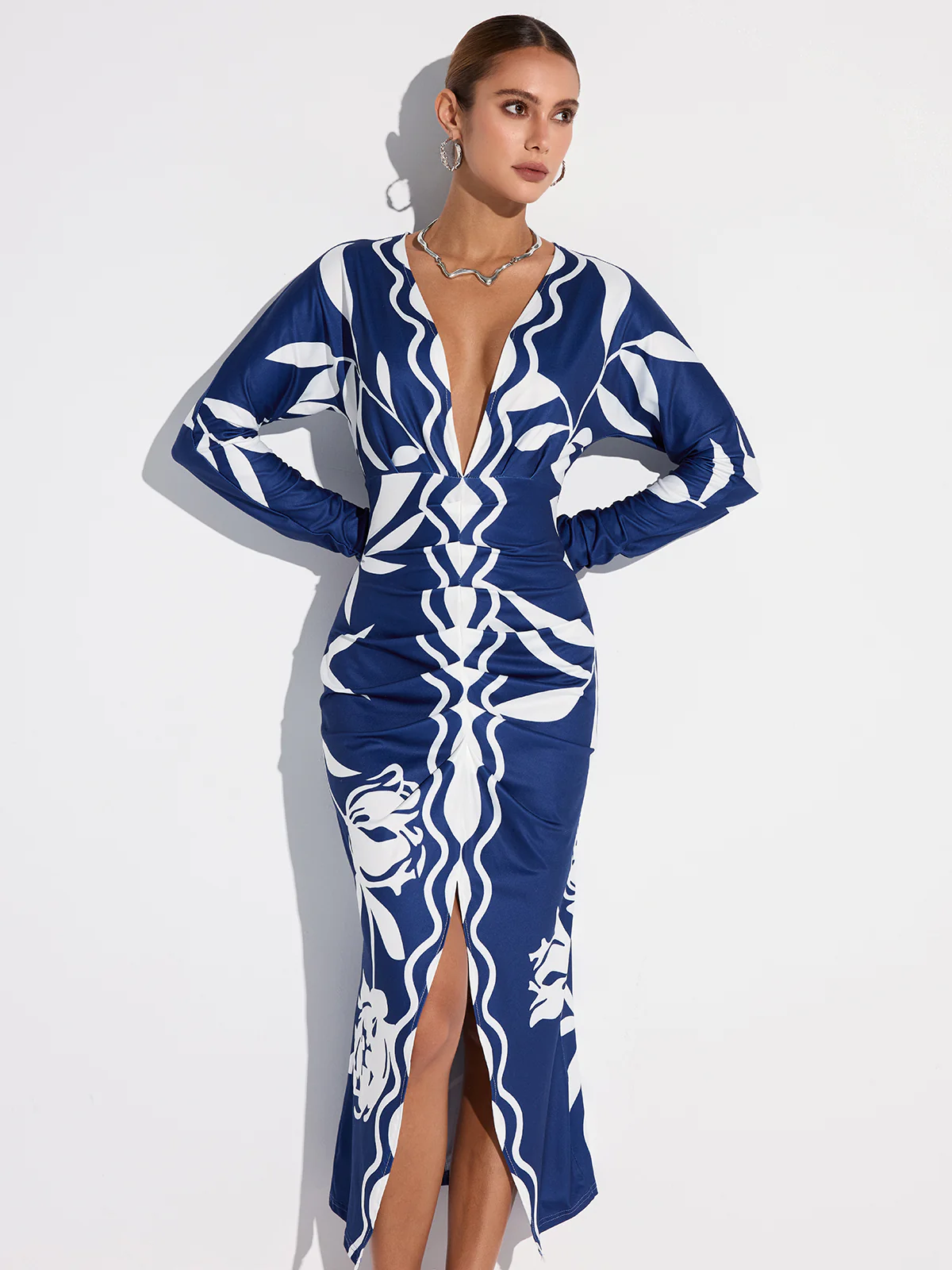 Printed Plunge Neck Slit Midi Dress - Wholesalesil