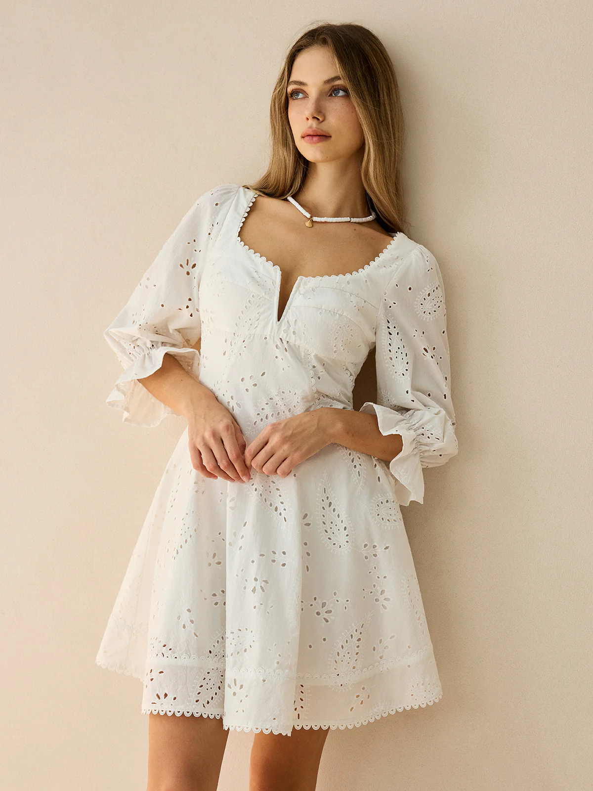 Cotton Scalloped Edge Eyelet Mini Dress - Wholesalesil