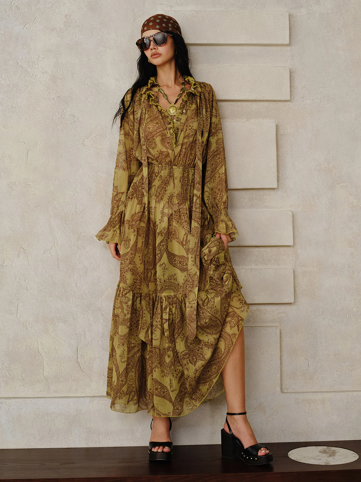 Boho Print Chiffon Maxi Dress Set with Liner - Wholesalesil