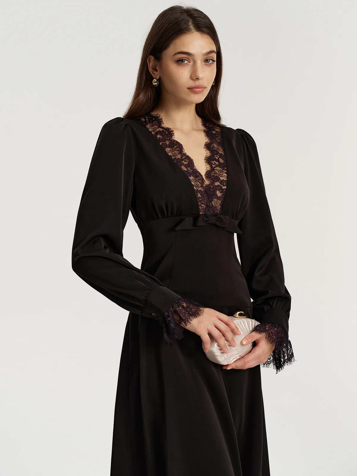 Lace V-Neck Bow Detail Satin Midi Dress - Wholesalesil