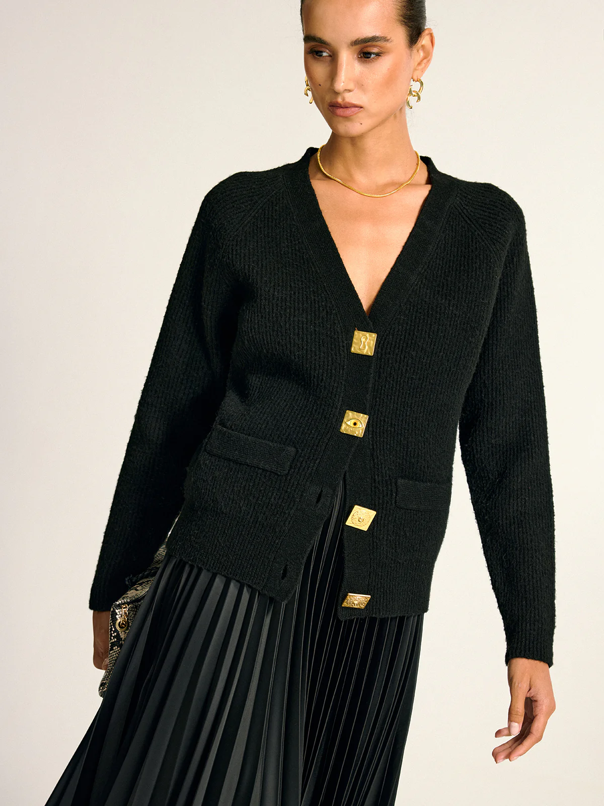 Metal Button V-Neck Wool Blend Cardigan - Wholesalesil