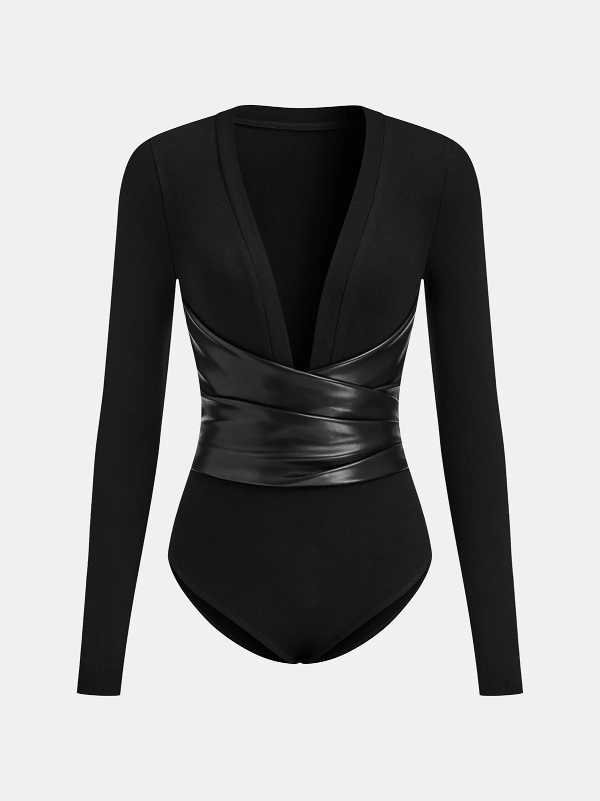 Faux Leather Wrap Waist V-Neck Bodysuit - Wholesalesil