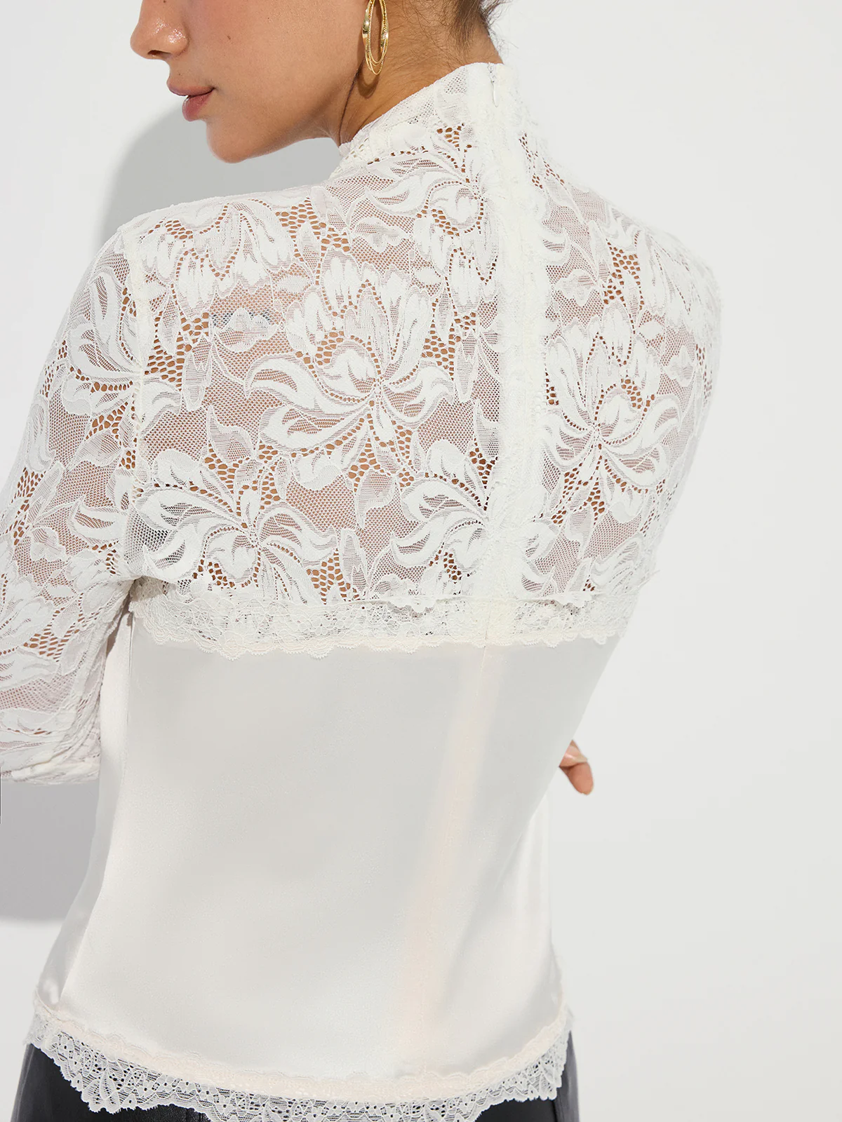 Mock Neck Lace Paneled Satin Blouse - Wholesalesil