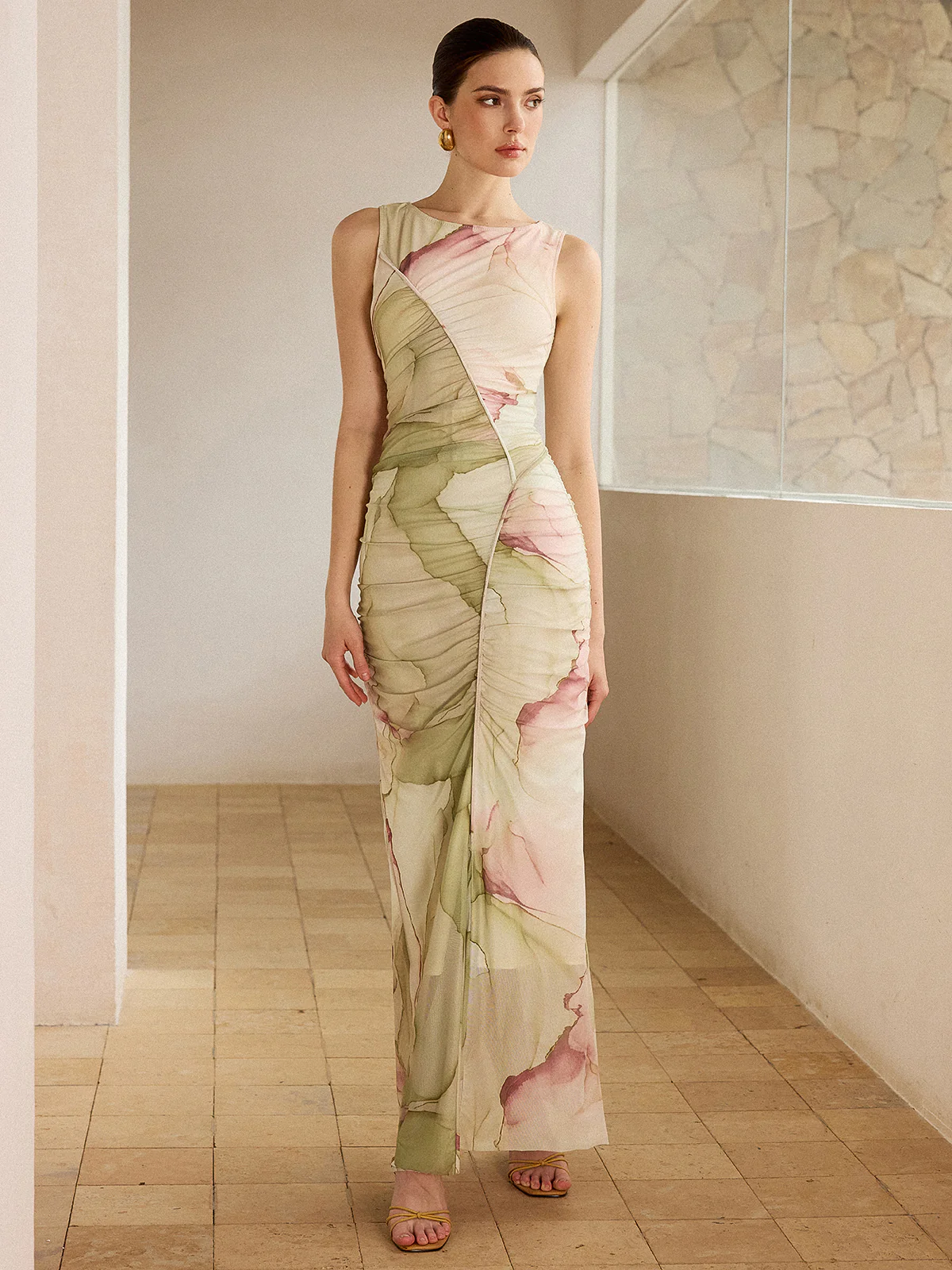 Printed Semi-Sheer Mesh Maxi Dress - Wholesalesil