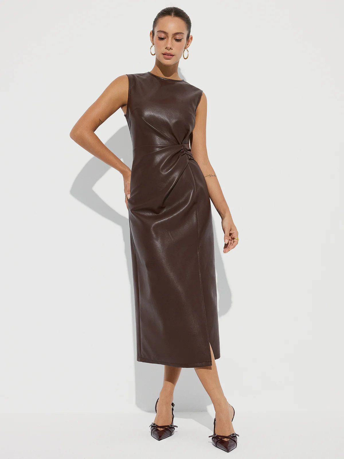 Twisted Faux Leather Sleeveless Slit Midi Dress - Wholesalesil