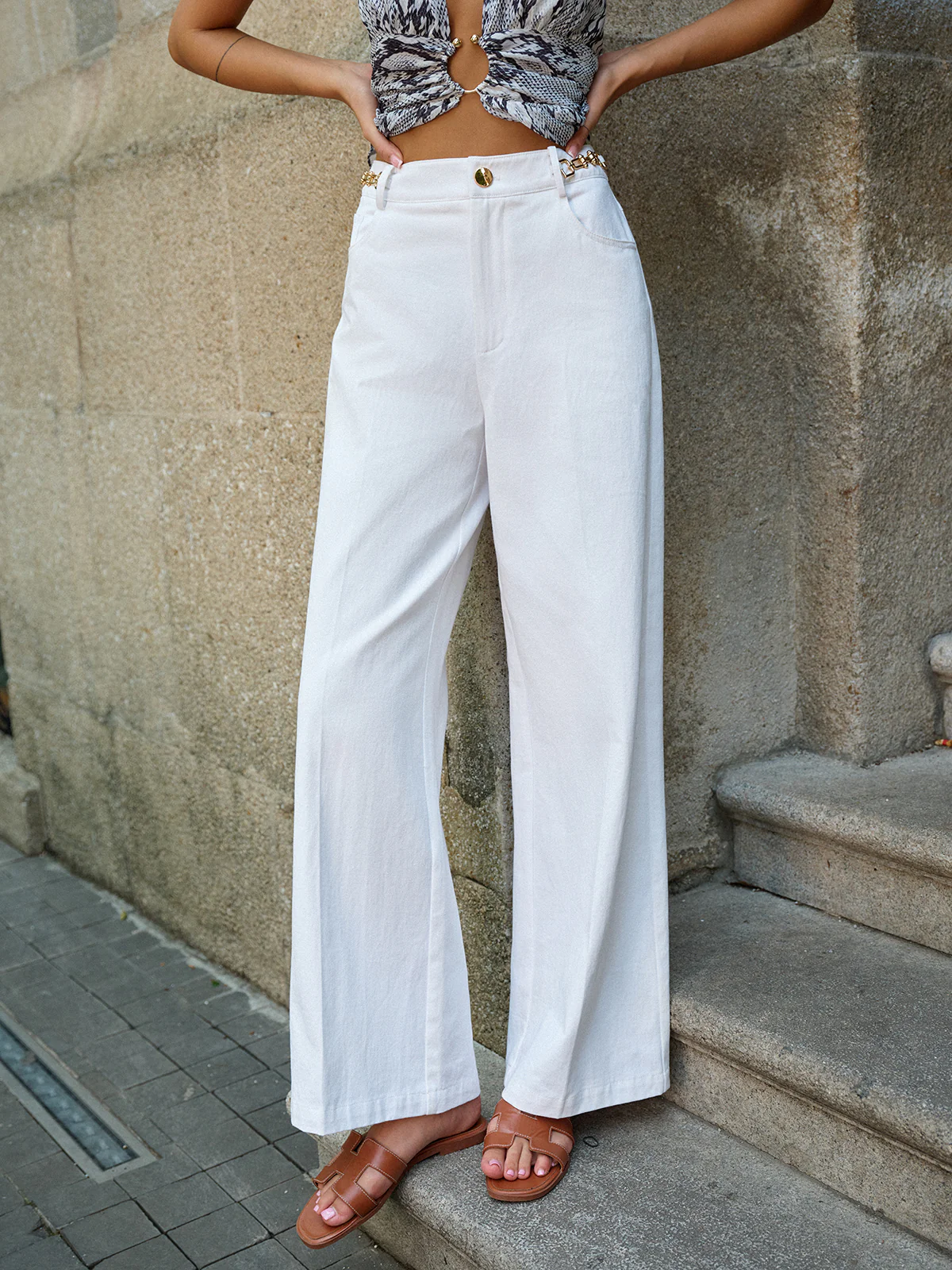 Metal Decor Wide-Leg Pants - Wholesalesil