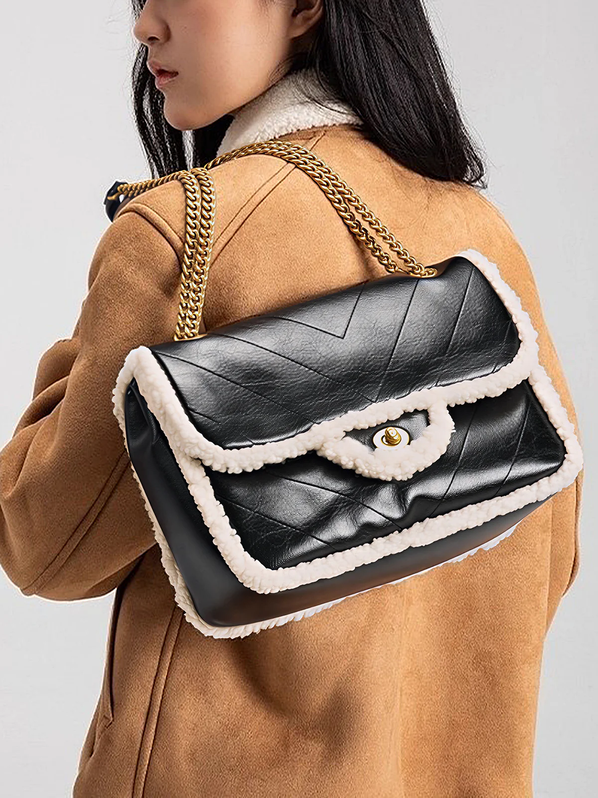 Chain Strap Shearling Trim Shoulder Bag - Wholesalesil