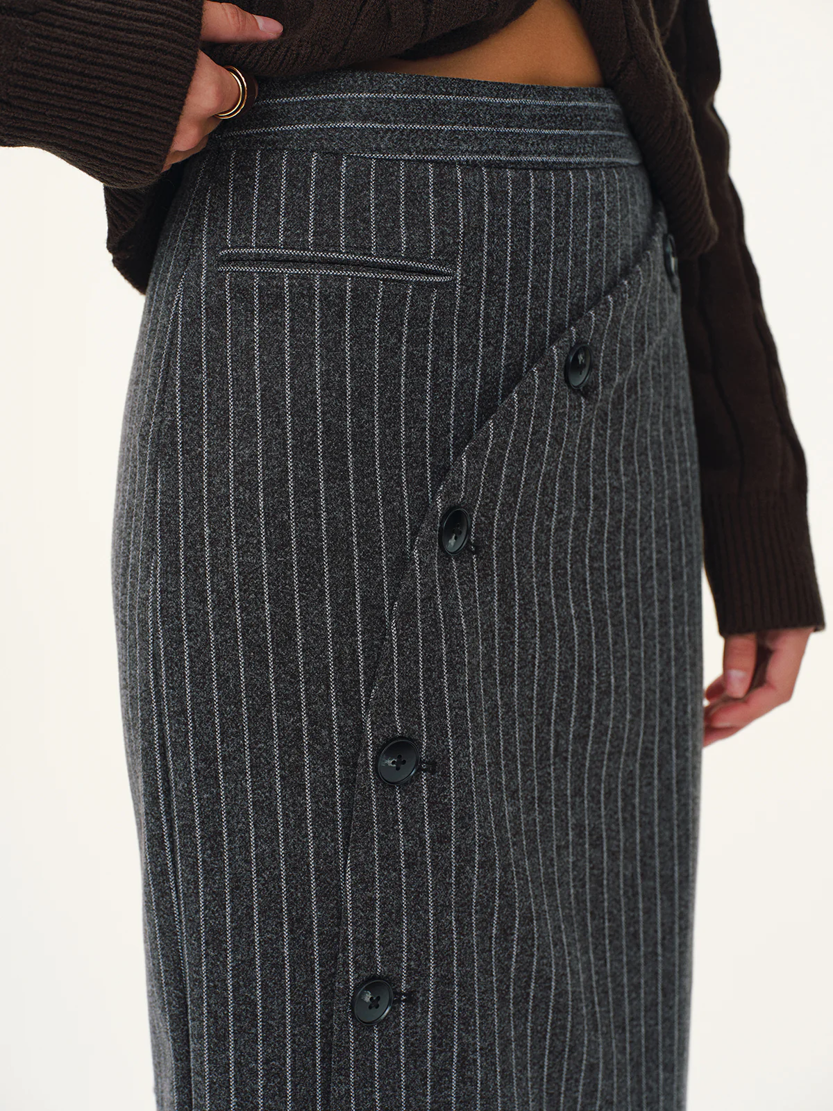 Asymmetric Button Striped Maxi Skirt - Wholesalesil