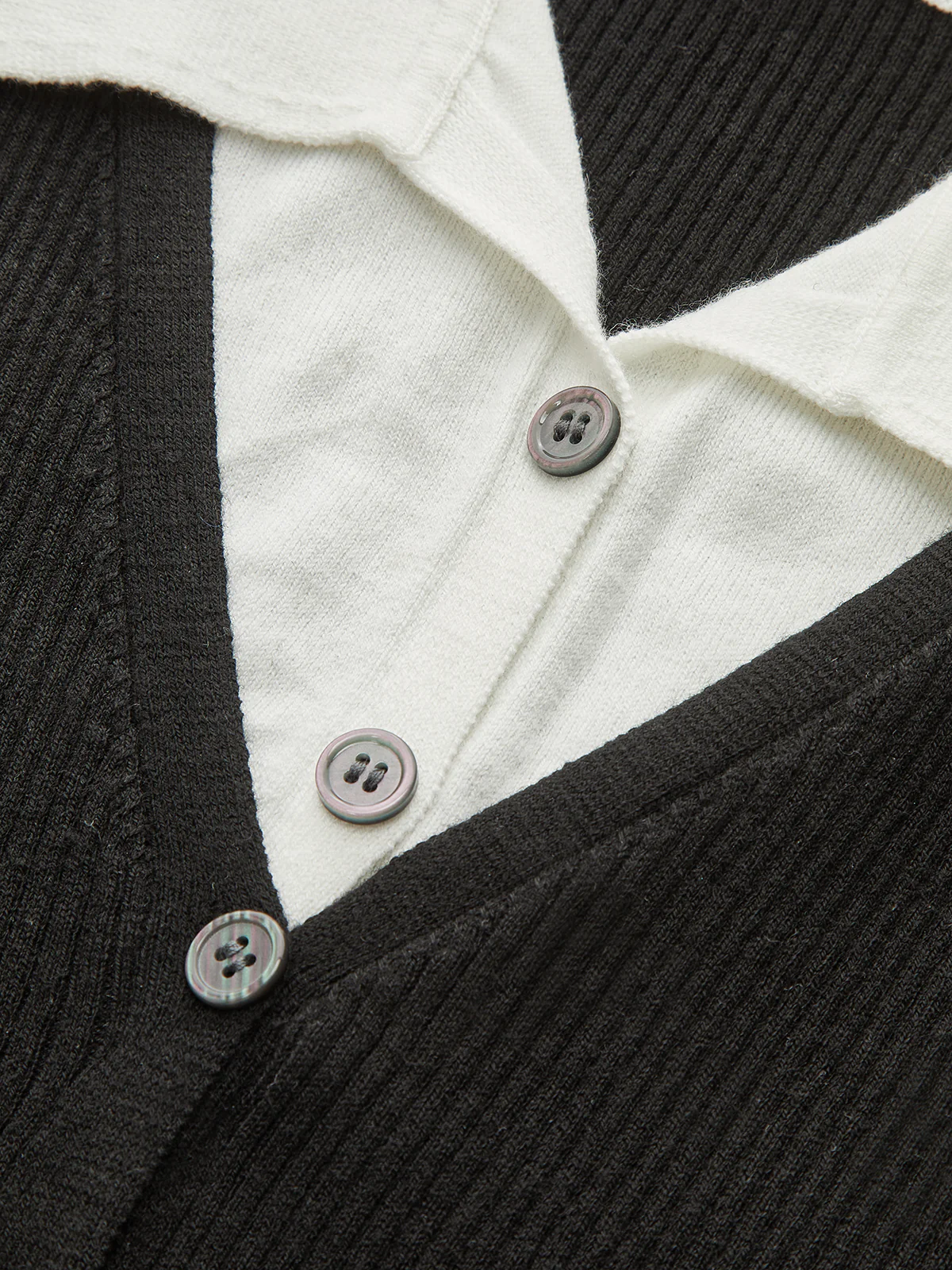 Contrast Collar Ribbed Knit Cardigan - Wholesalesil