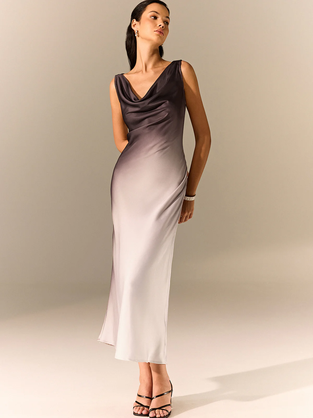 Ombre Satin Cowl Neck Maxi Dress - Wholesalesil