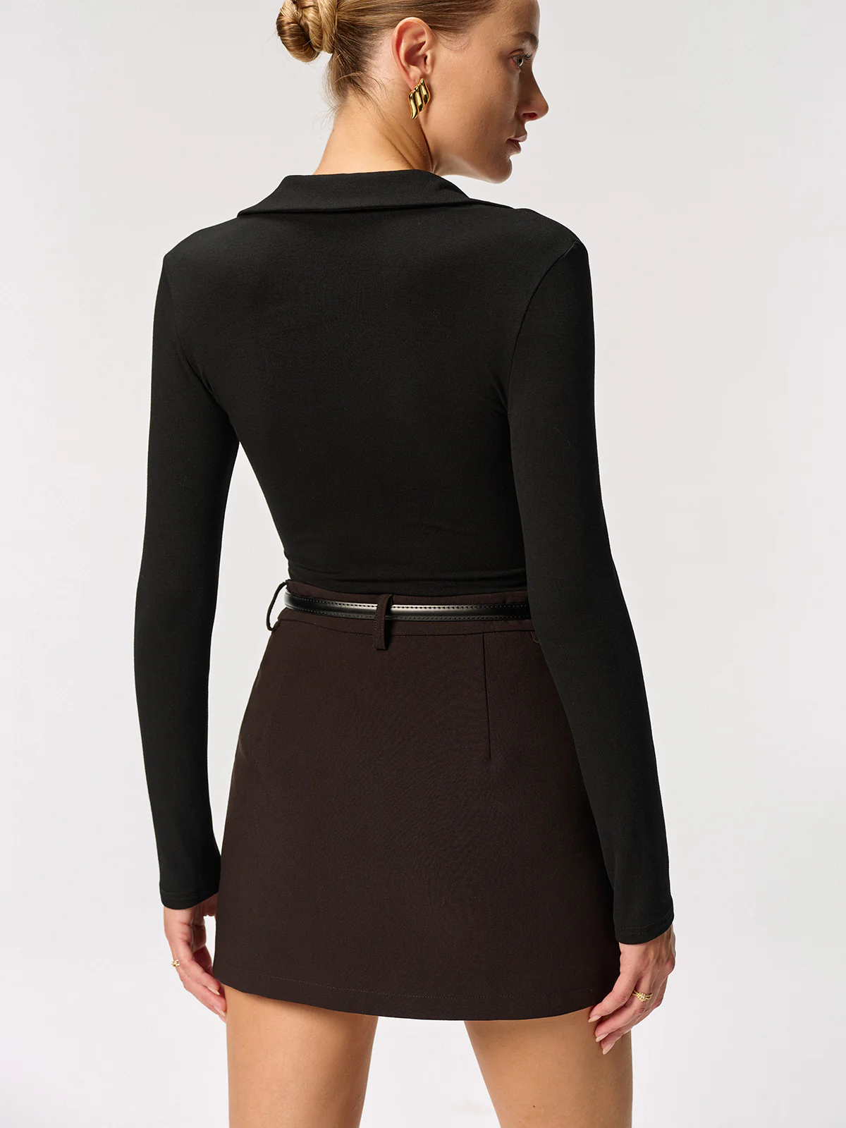 Metal Button Long Sleeve Polo Collar Blouse - Wholesalesil