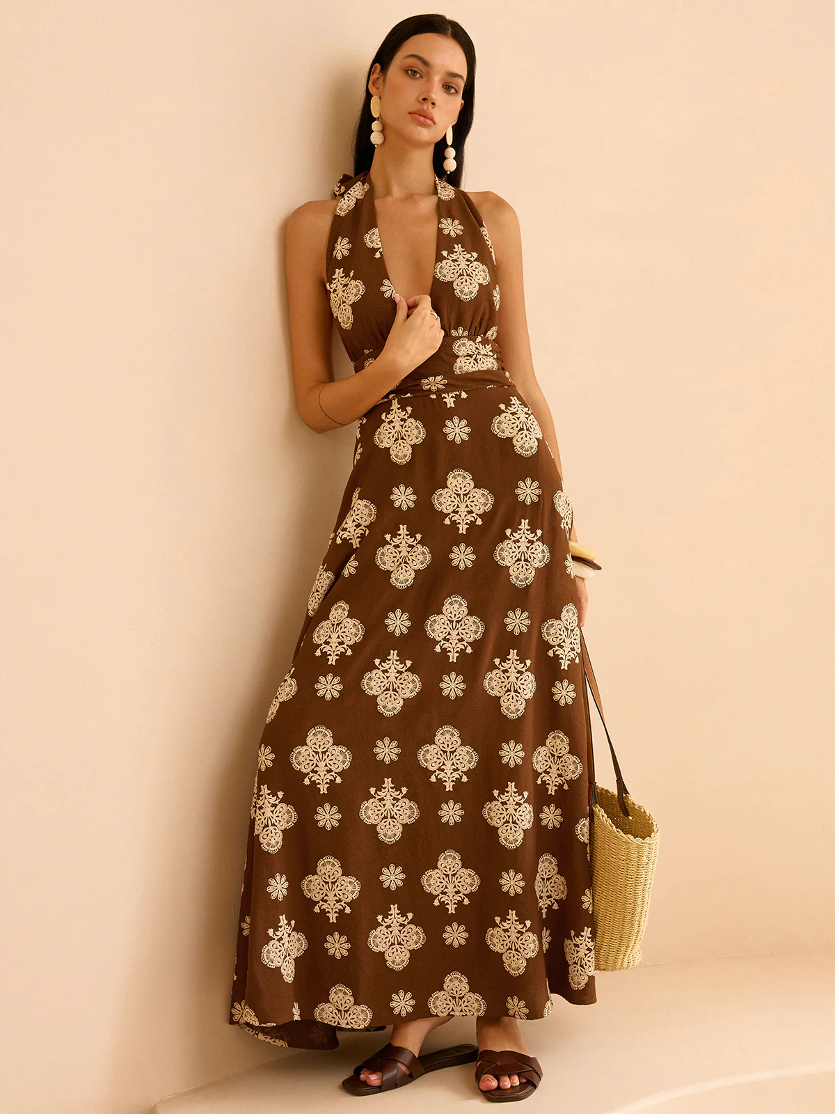 Floral Print Pocketed Halter Neck Maxi Dress - Wholesalesil