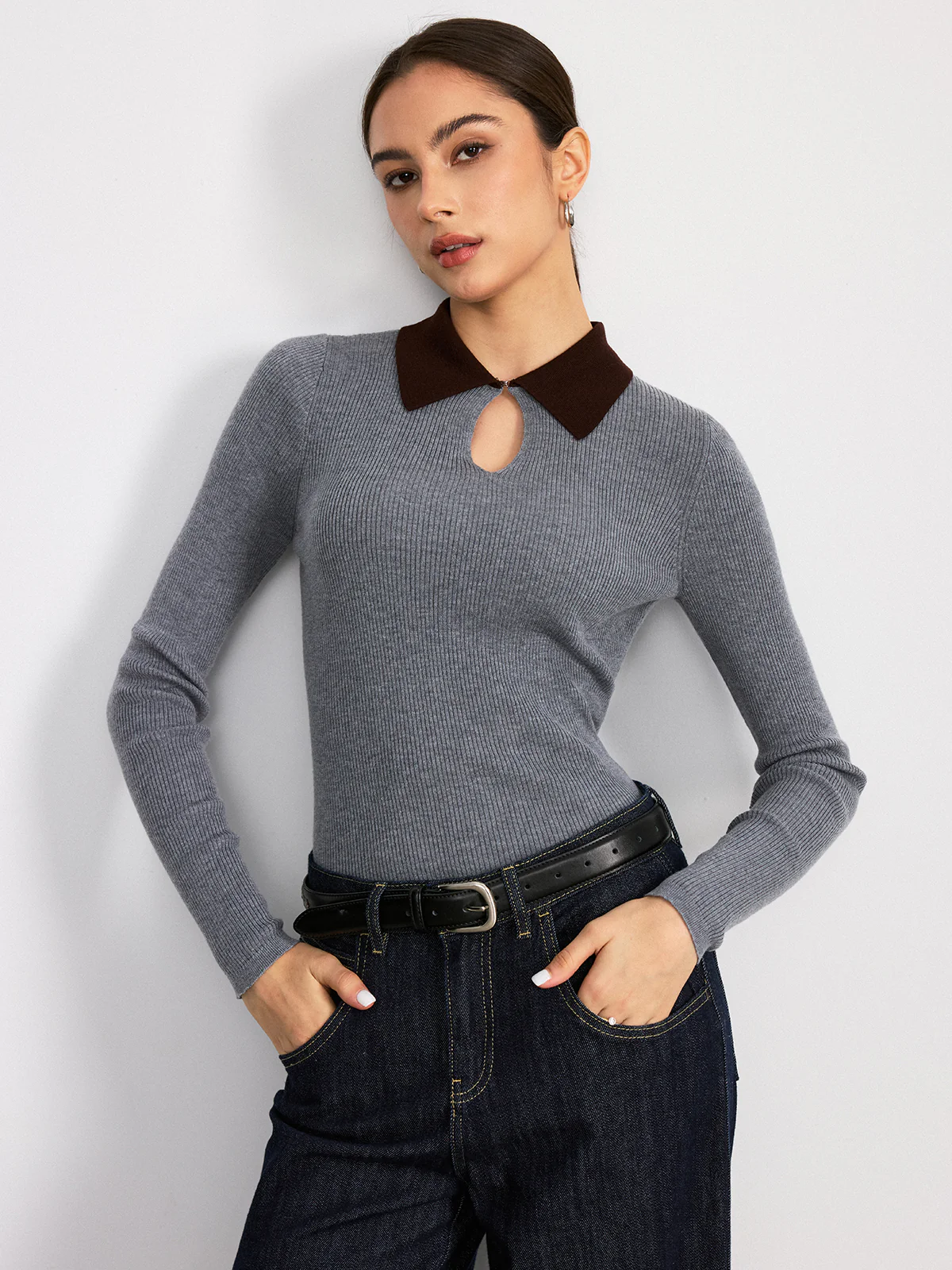 Contrast Collar Wool Blend Ribbed Knit Top - Wholesalesil