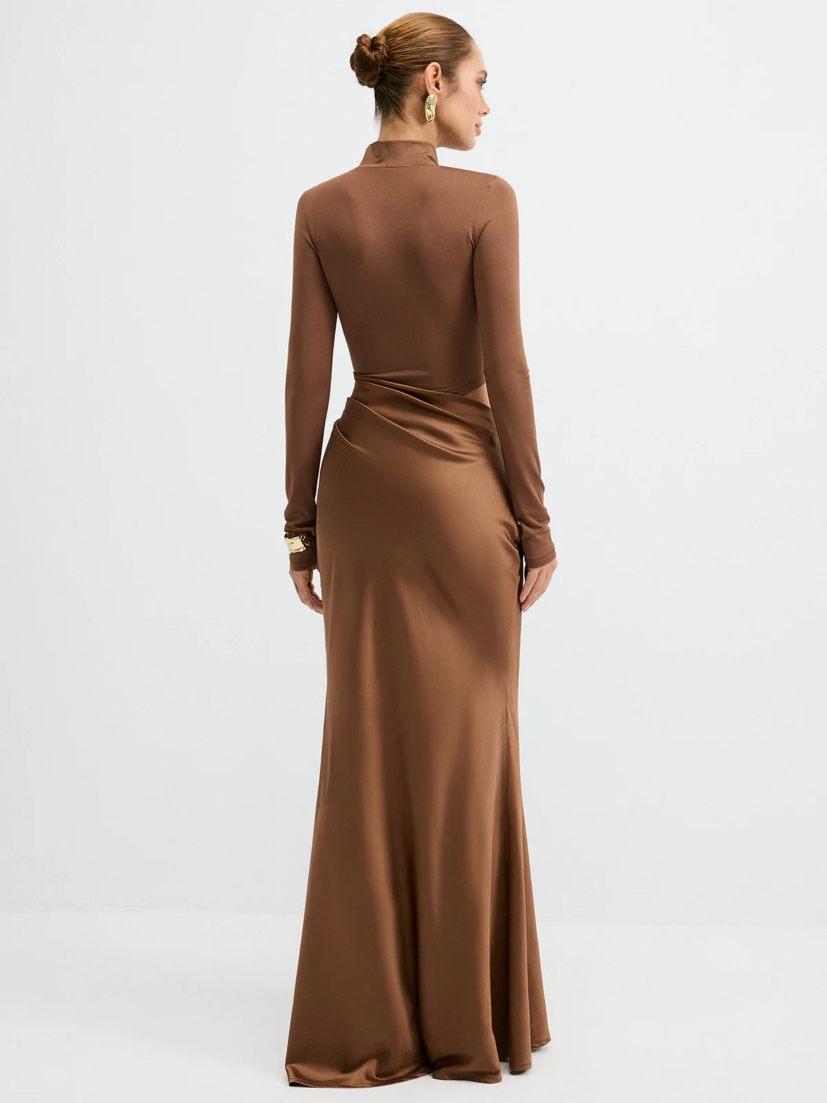 Satin Panel Mock Neck Long Sleeve Maxi Dress - Wholesalesil