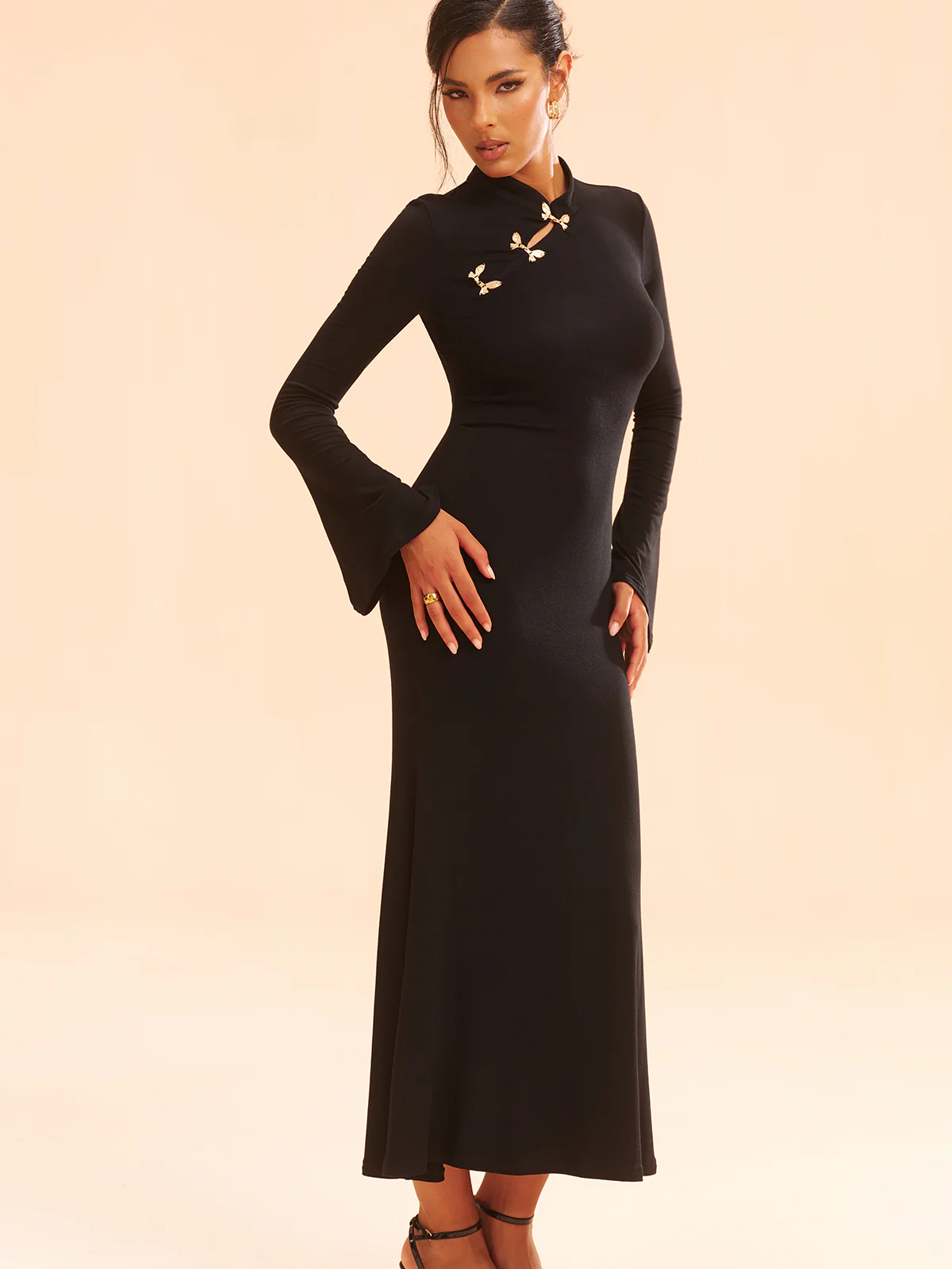 Metal Bow Detail Stand Collar Maxi Dress - Wholesalesil