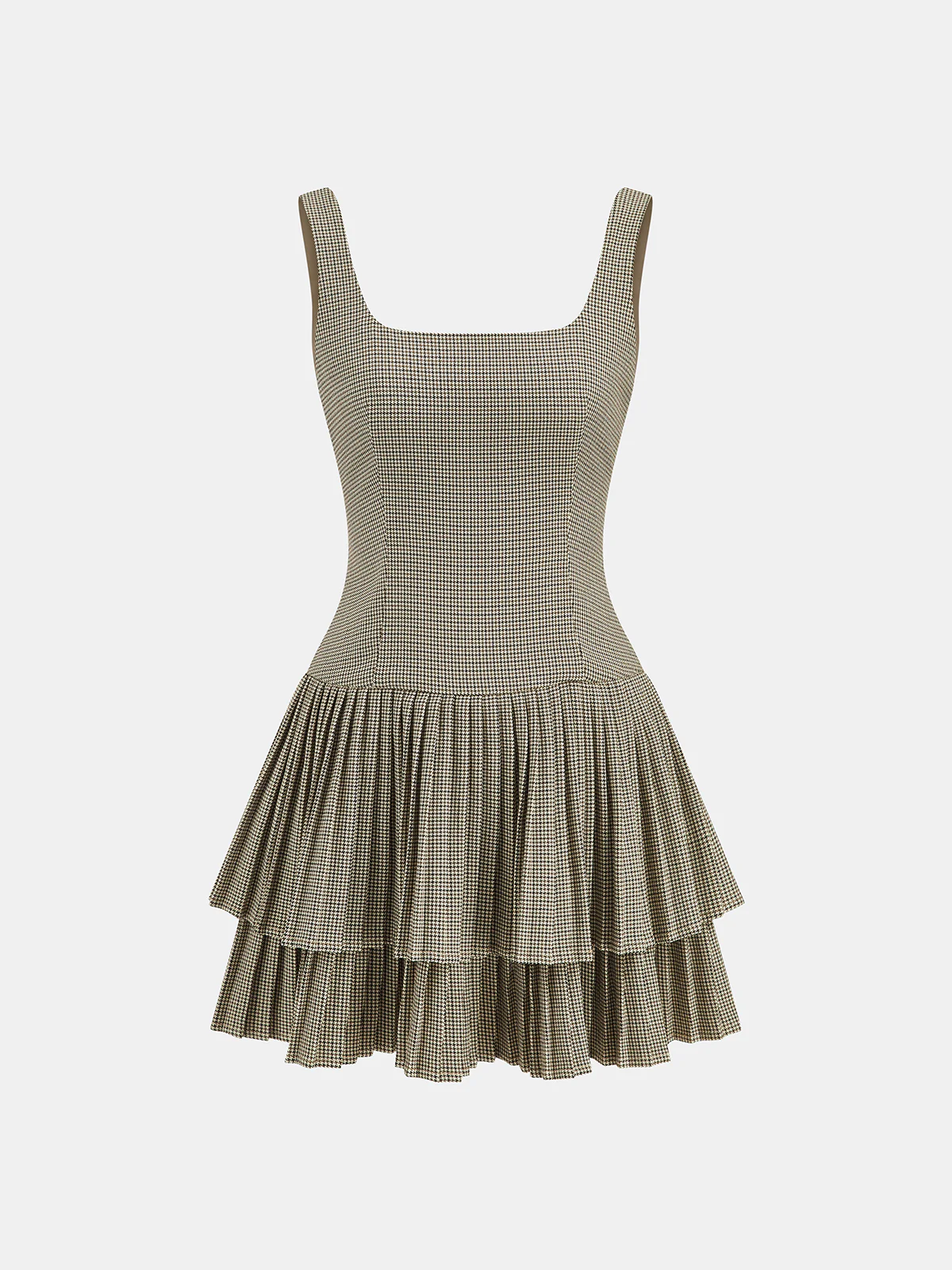 Square Neck Pleated Gingham Tiered Dress - Wholesalesil