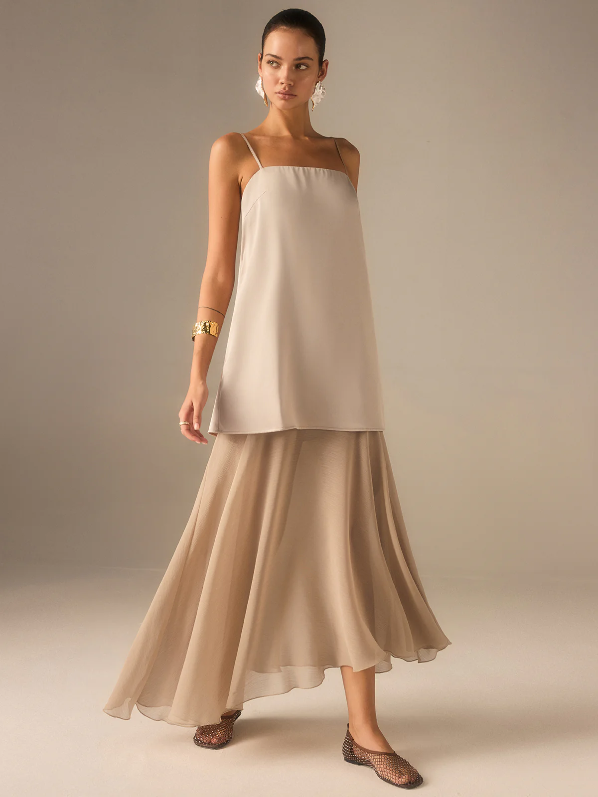 2 in 1 Semi-Sheer Chiffon Cami Maxi Dress - Wholesalesil