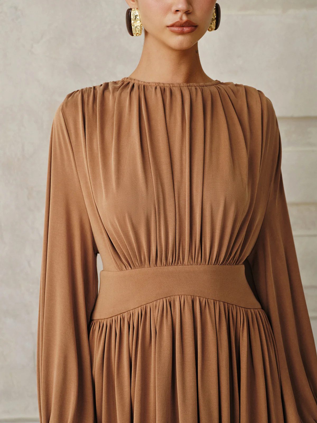 Long-Sleeve Pleated Asymmetric Midi Dress - Wholesalesil