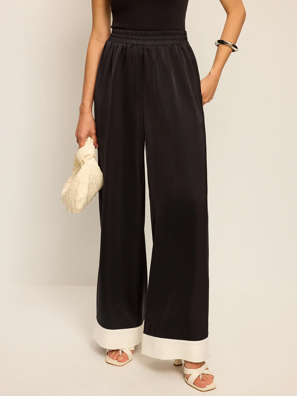 Satin Wide-Leg Pants with Contrast Cuffs - Wholesalesil