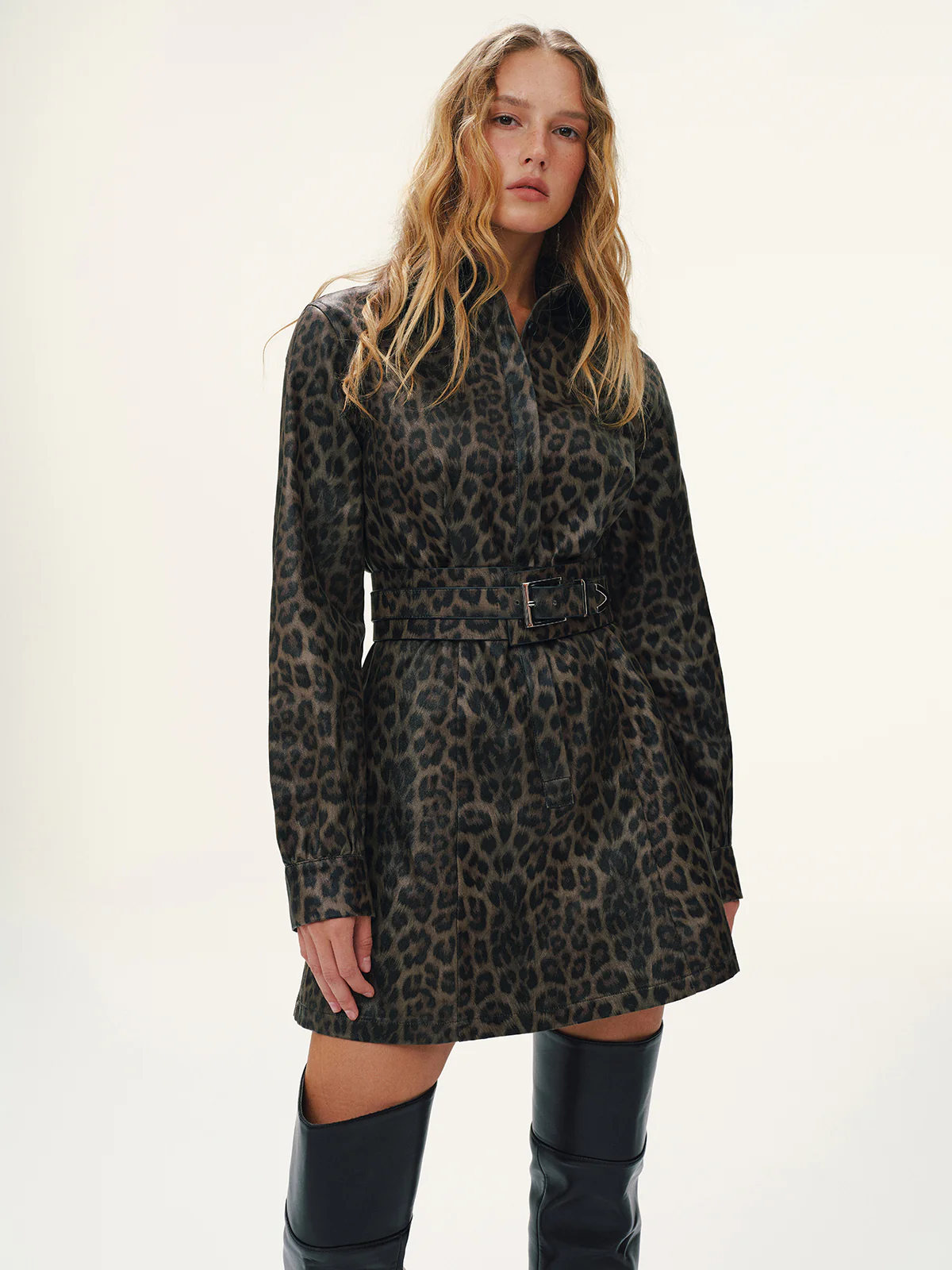 Belted Leopard Print Shirt Dress - Wholesalesil