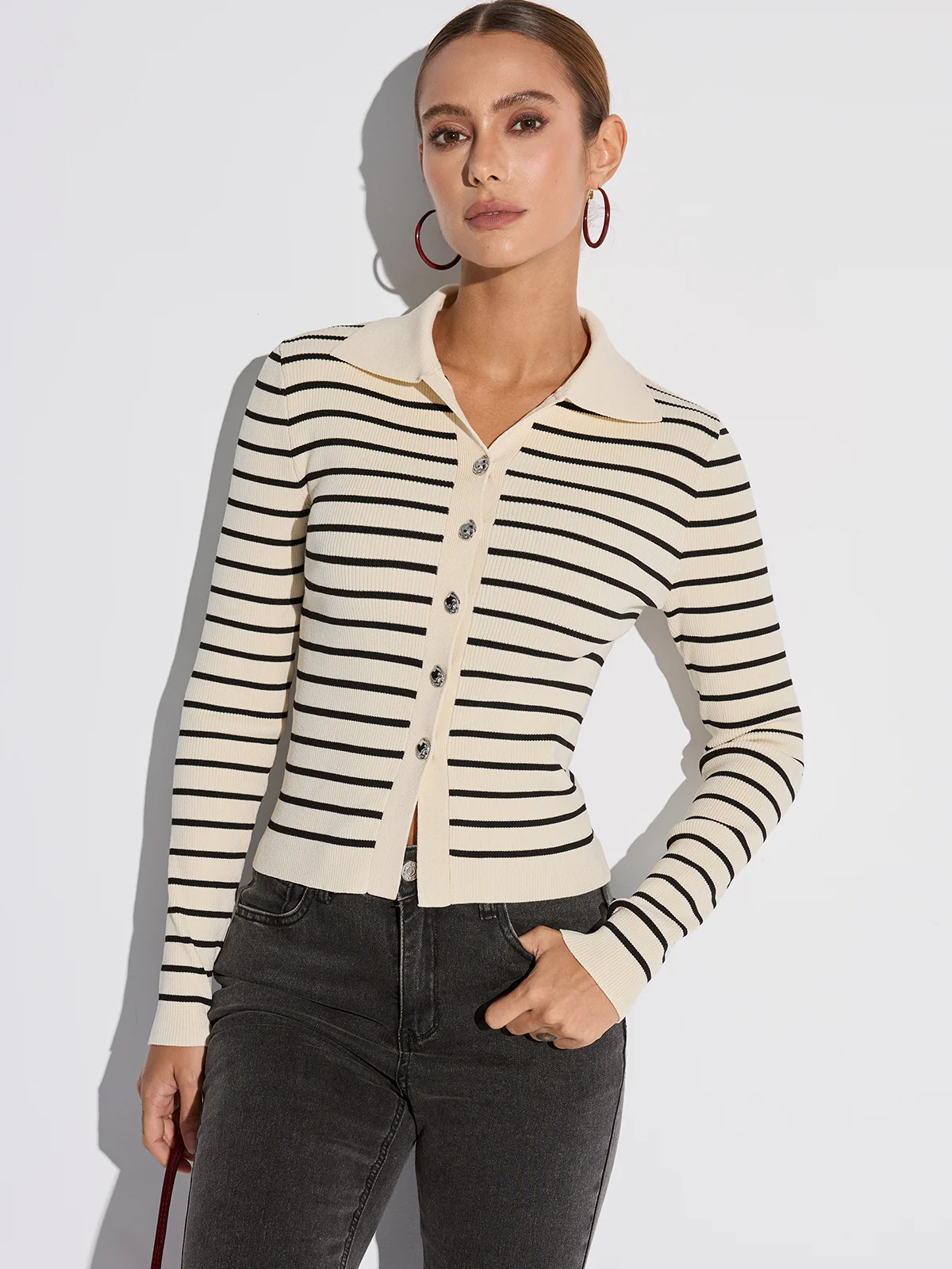 Metal Button Striped Collared Cardigan - Wholesalesil