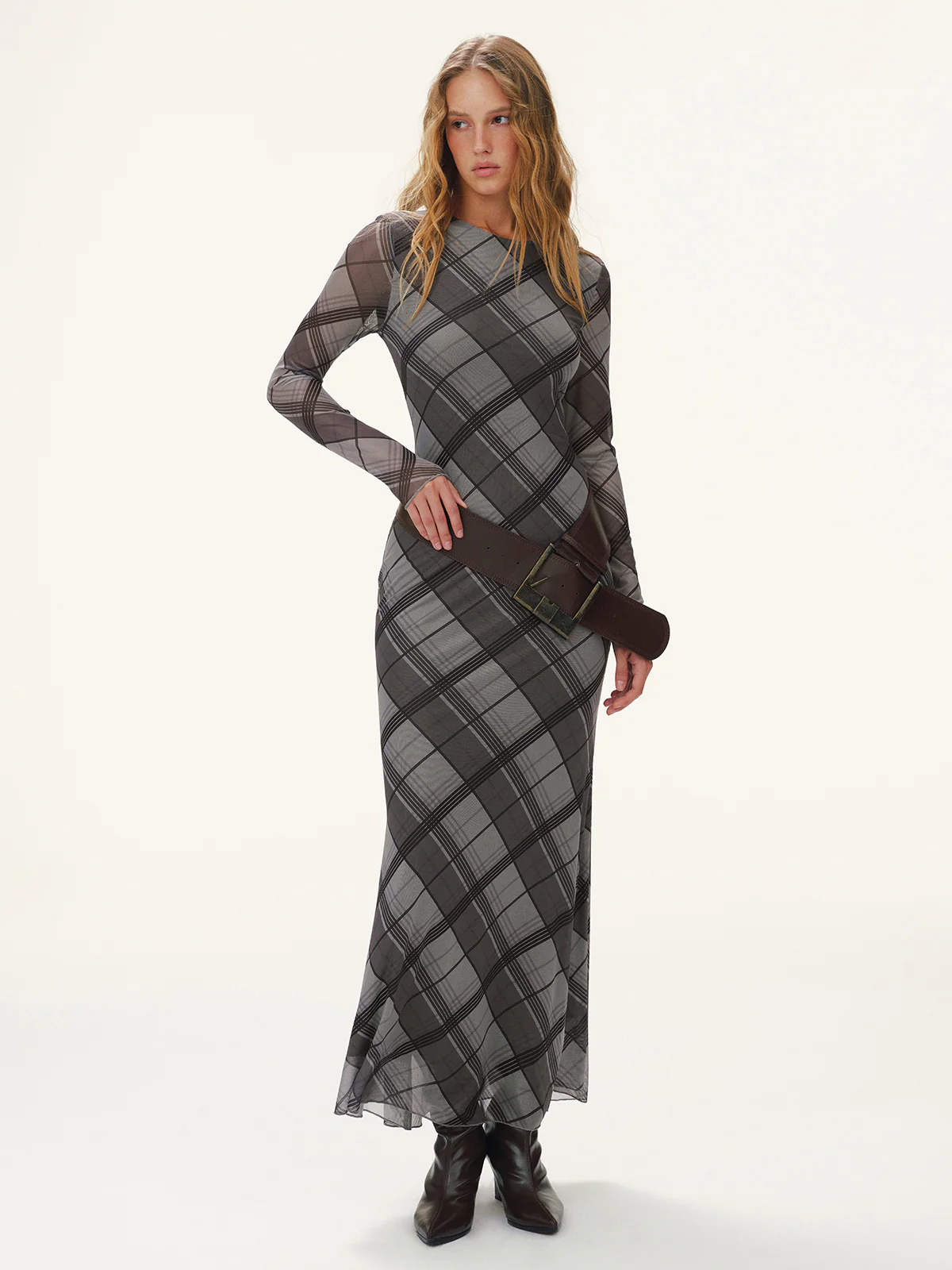 Plaid Mesh Long Sleeve Maxi Dress without Belt - Wholesalesil