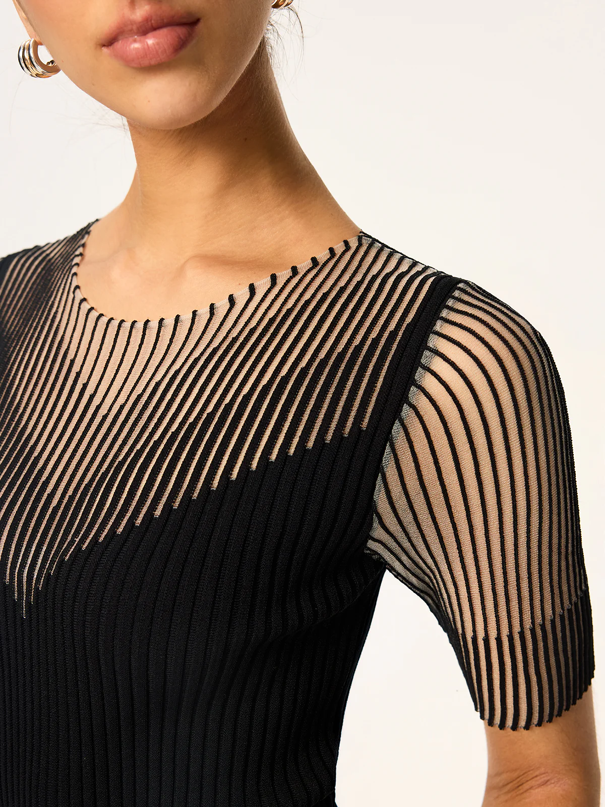 Sheer Striped Panel Ribbed Knit Top - Wholesalesil