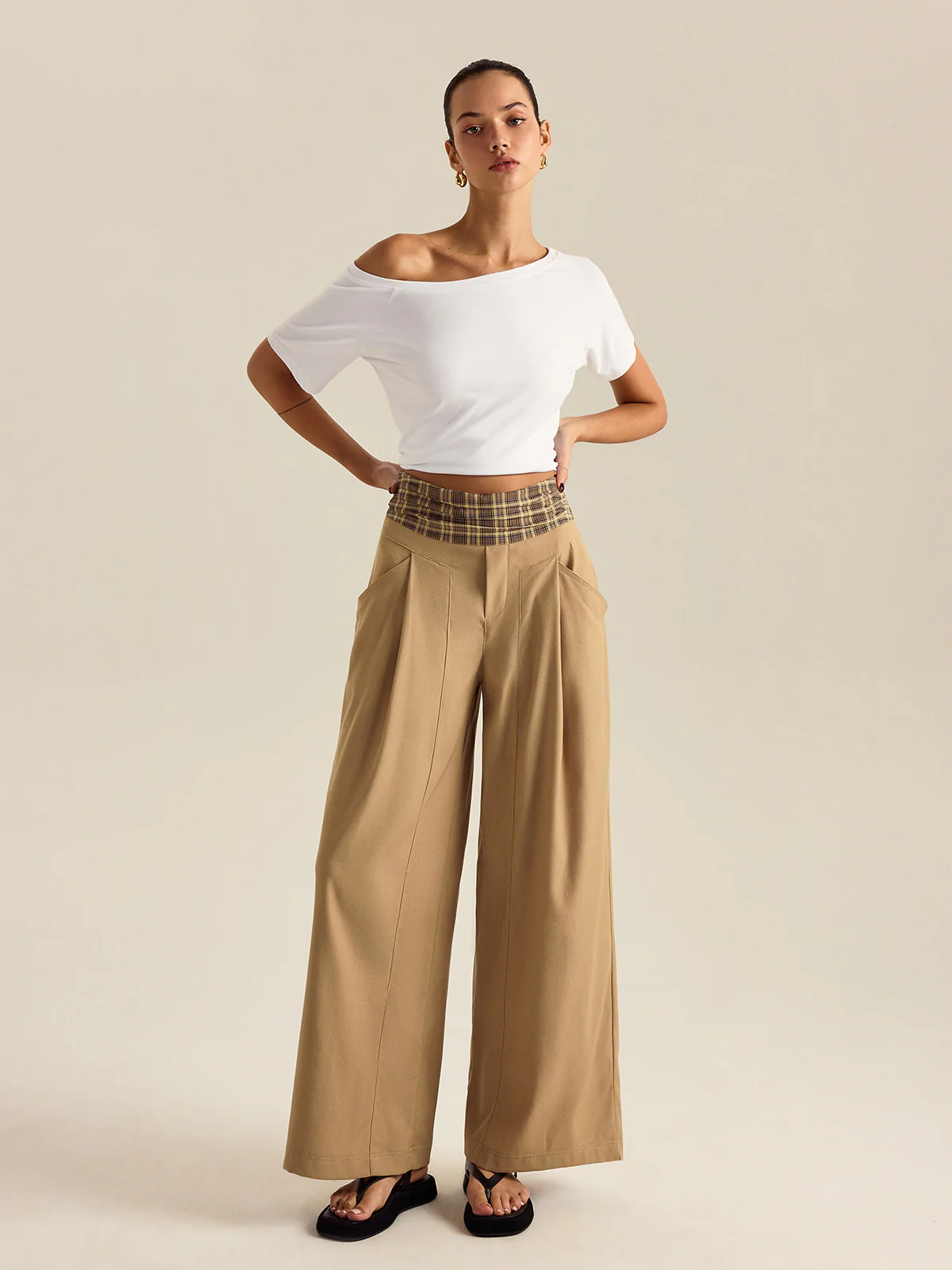 Pocketed Gingham Wide-Leg Pants - Wholesalesil