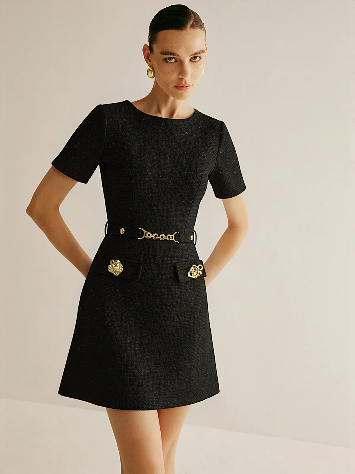 Metal Detail Tweed Belted Mini Dress - Wholesalesil