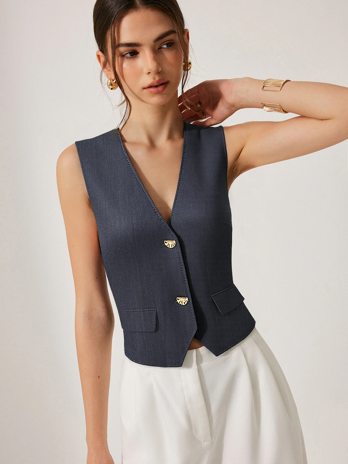 Metal Button V-Neck Vest - Wholesalesil