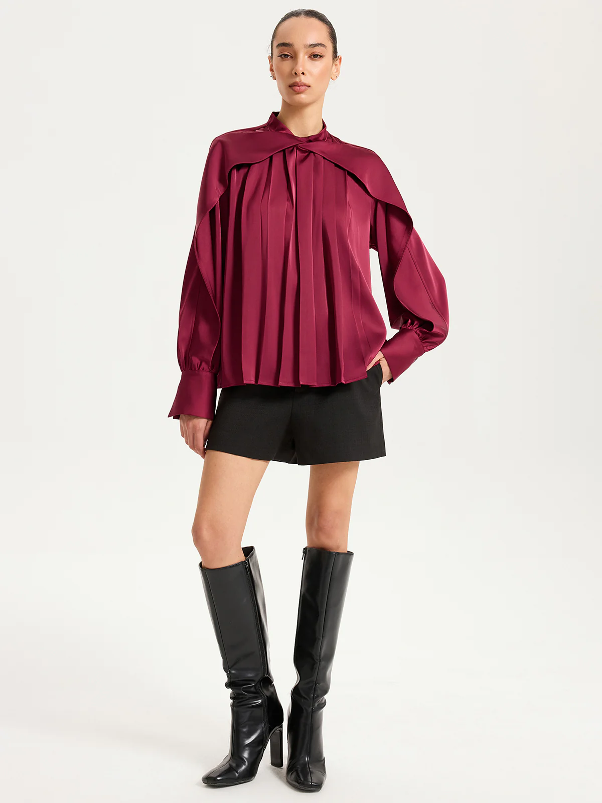 Satin Pleated Blouse with Cut-Out Sleeve - Wholesalesil
