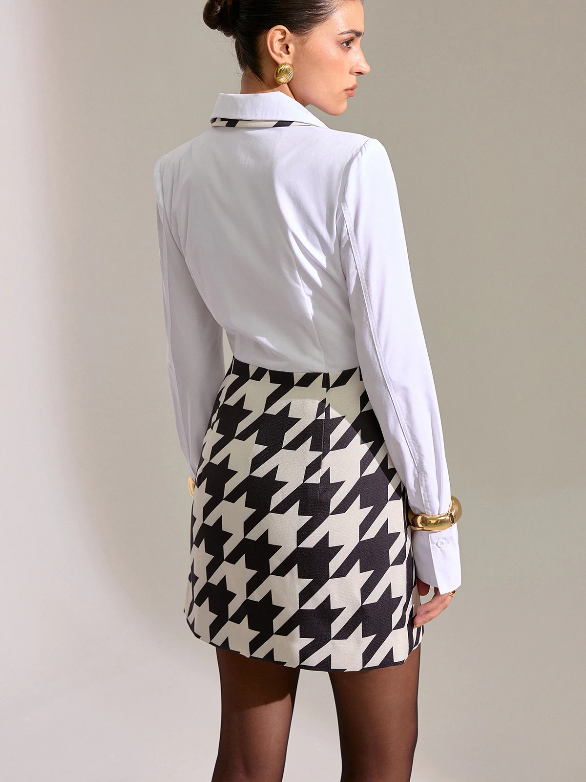 Houndstooth Shirt-Paneled Mini Dress - Wholesalesil