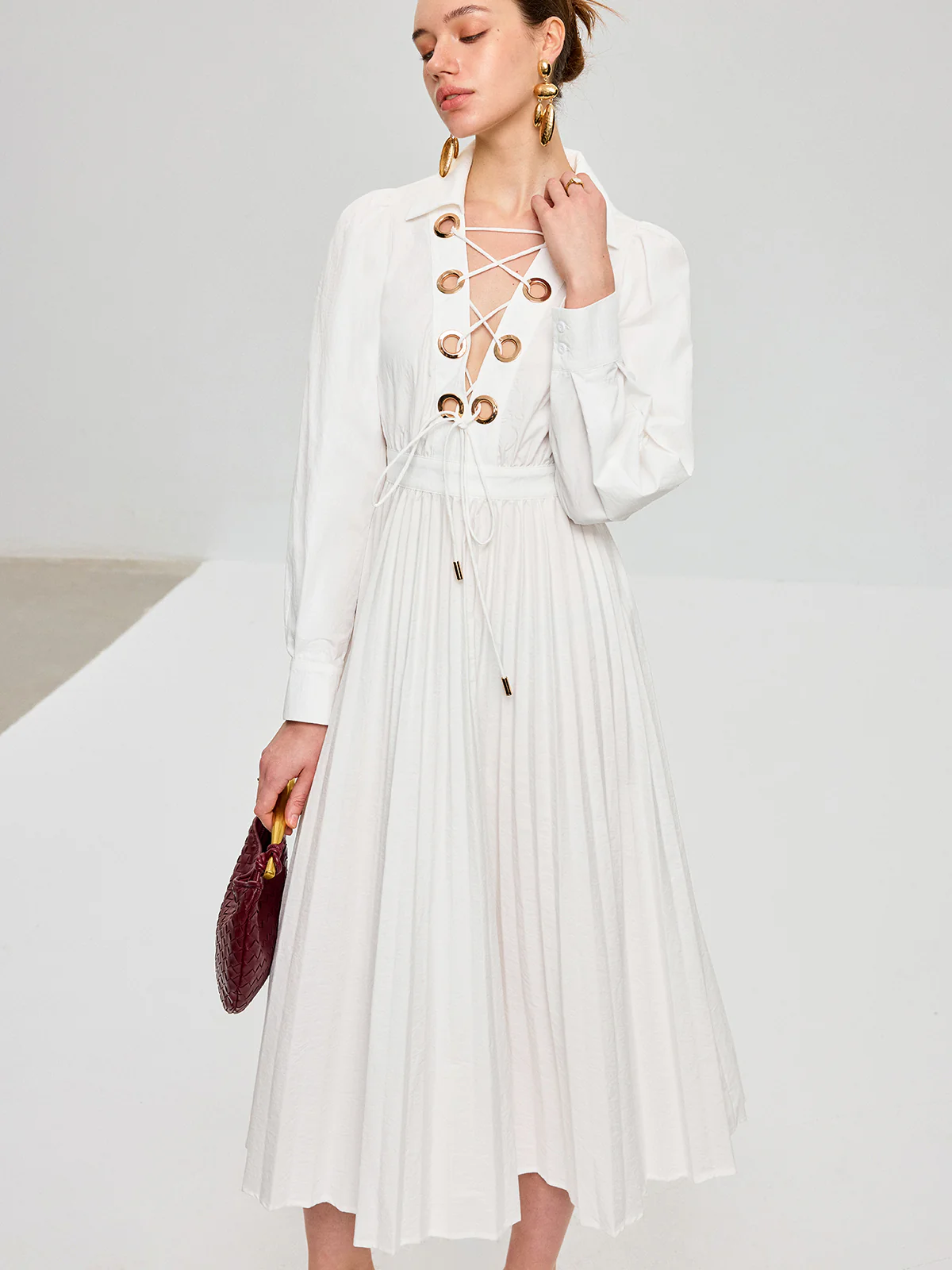 Lace-Up Pleated Midi Dress - Wholesalesil