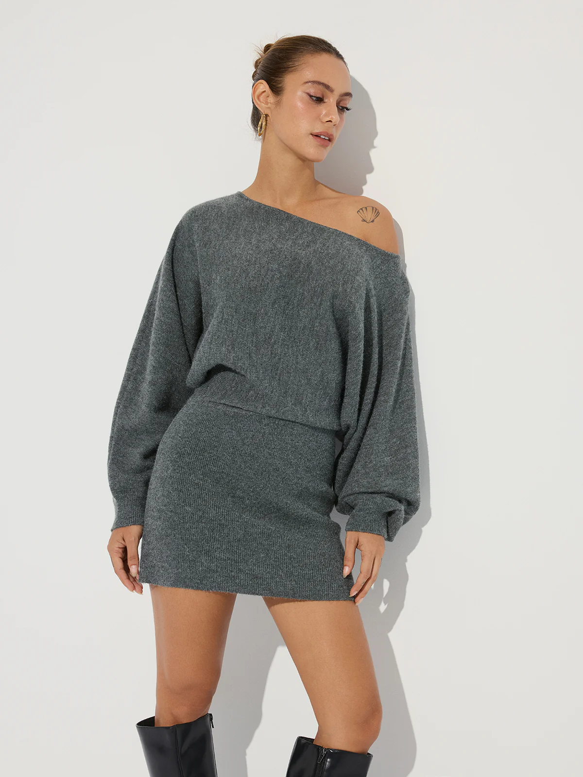 Asymmetric Off-Shoulder Knit Mini Dress - Wholesalesil
