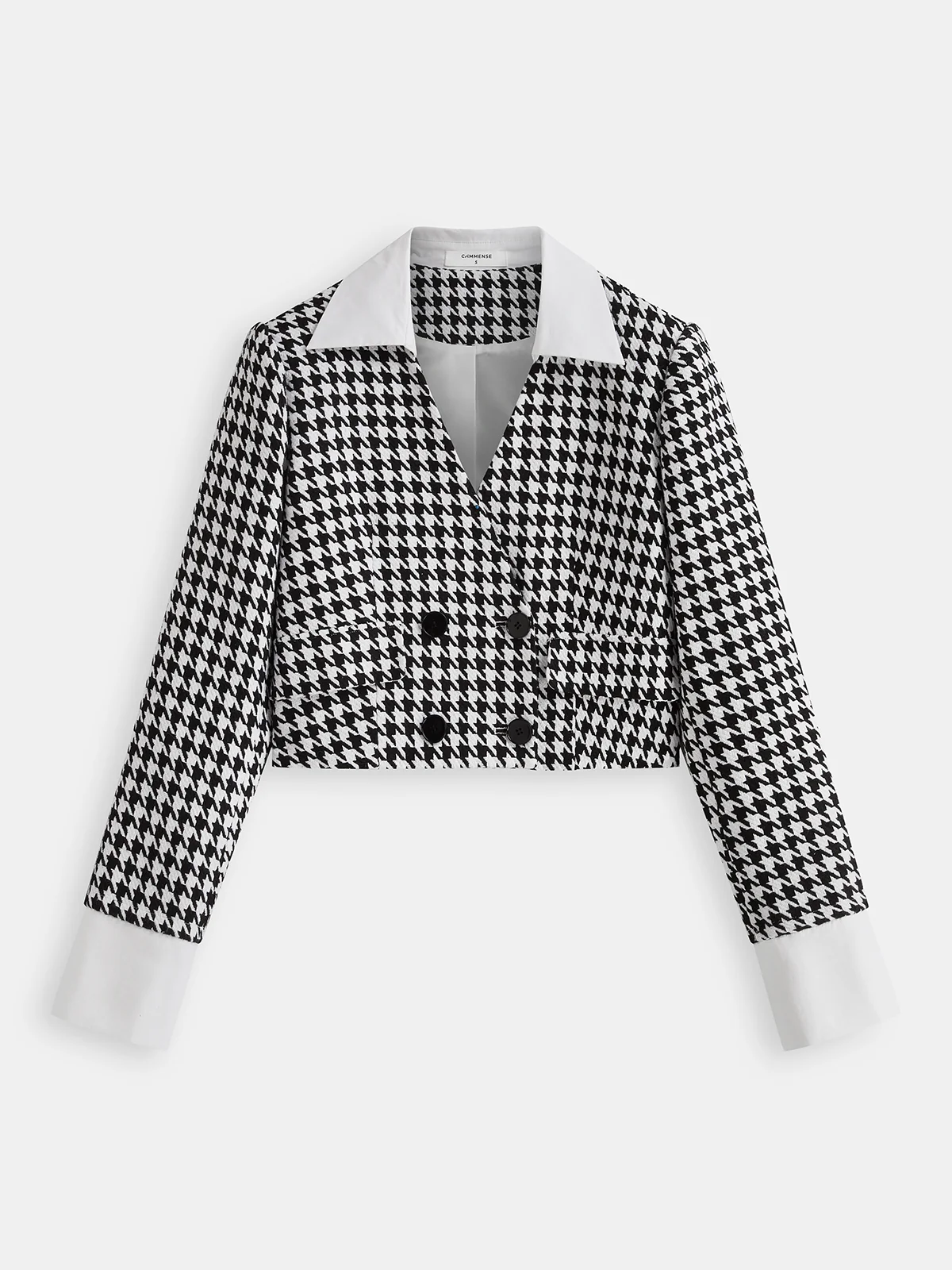 Contrast Collar Houndstooth Tweed Jacket - Wholesalesil