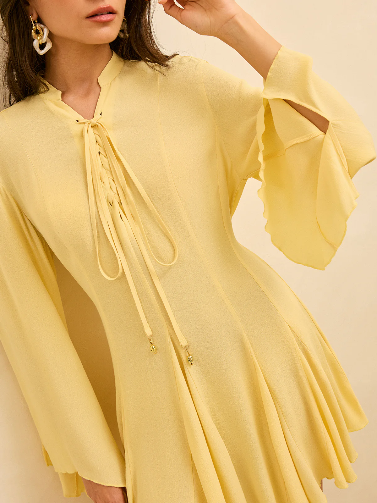 Tie-Front Flared Sleeve Dress - Wholesalesil