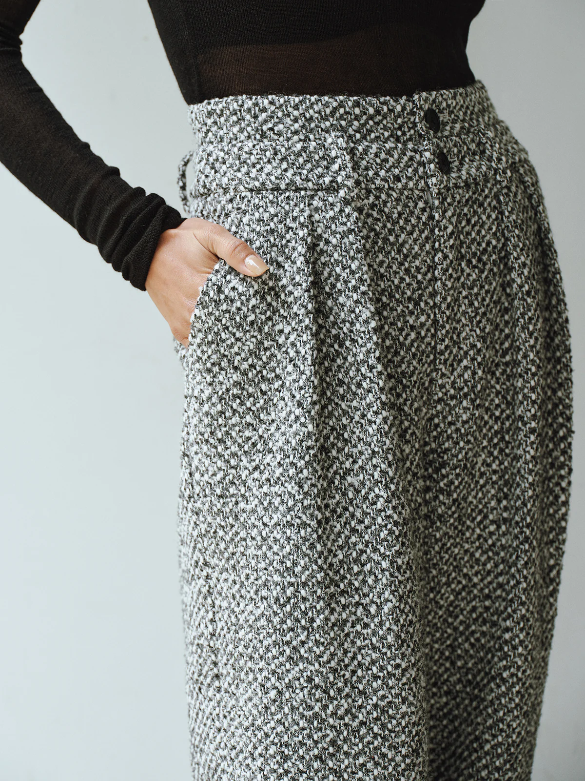 Wool Blend Double Waistband Tweed Pants - Wholesalesil